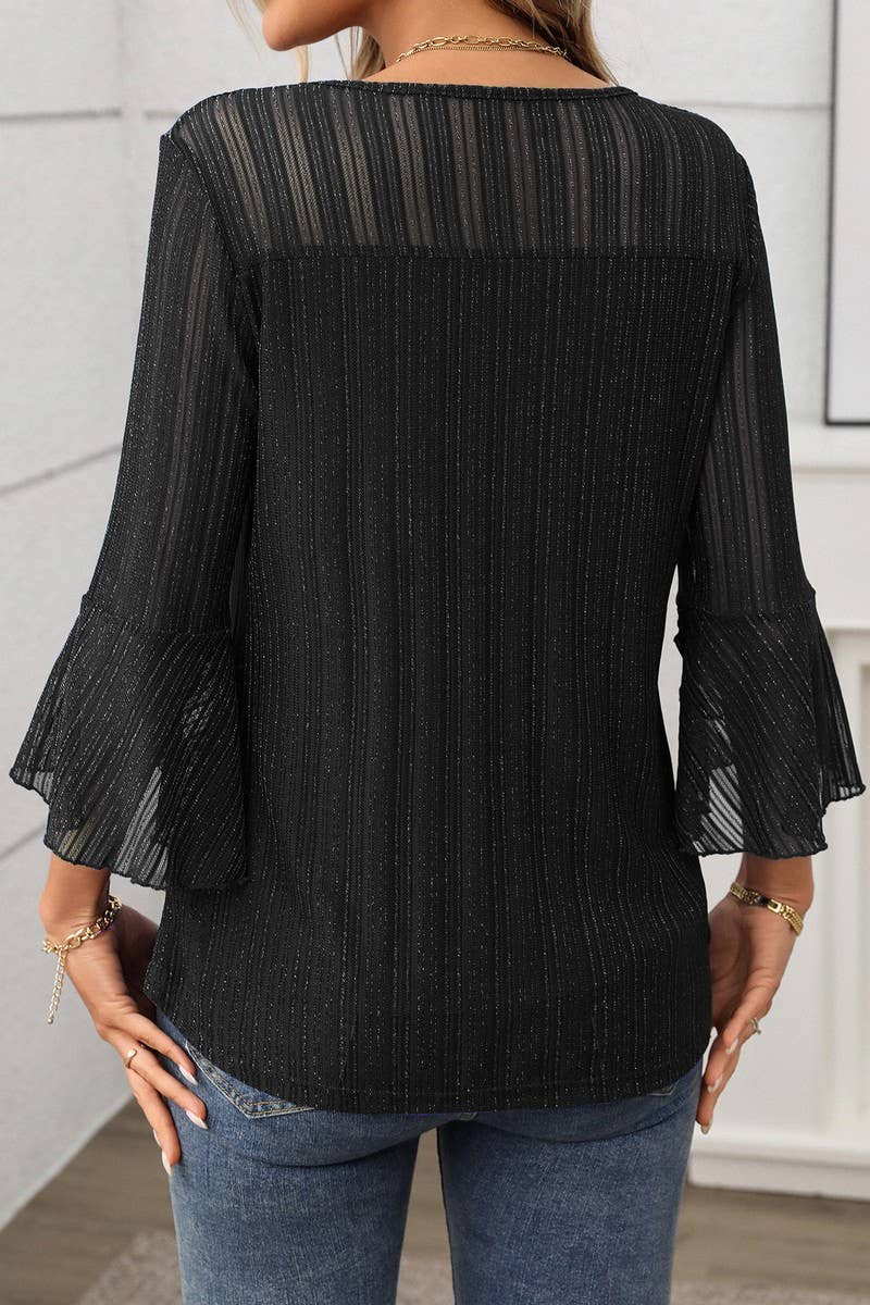 CWTBLL3696_ROUND NECK RUFFLE SLEEVE GLITTER MESH TOP: NAVY / (S) 1