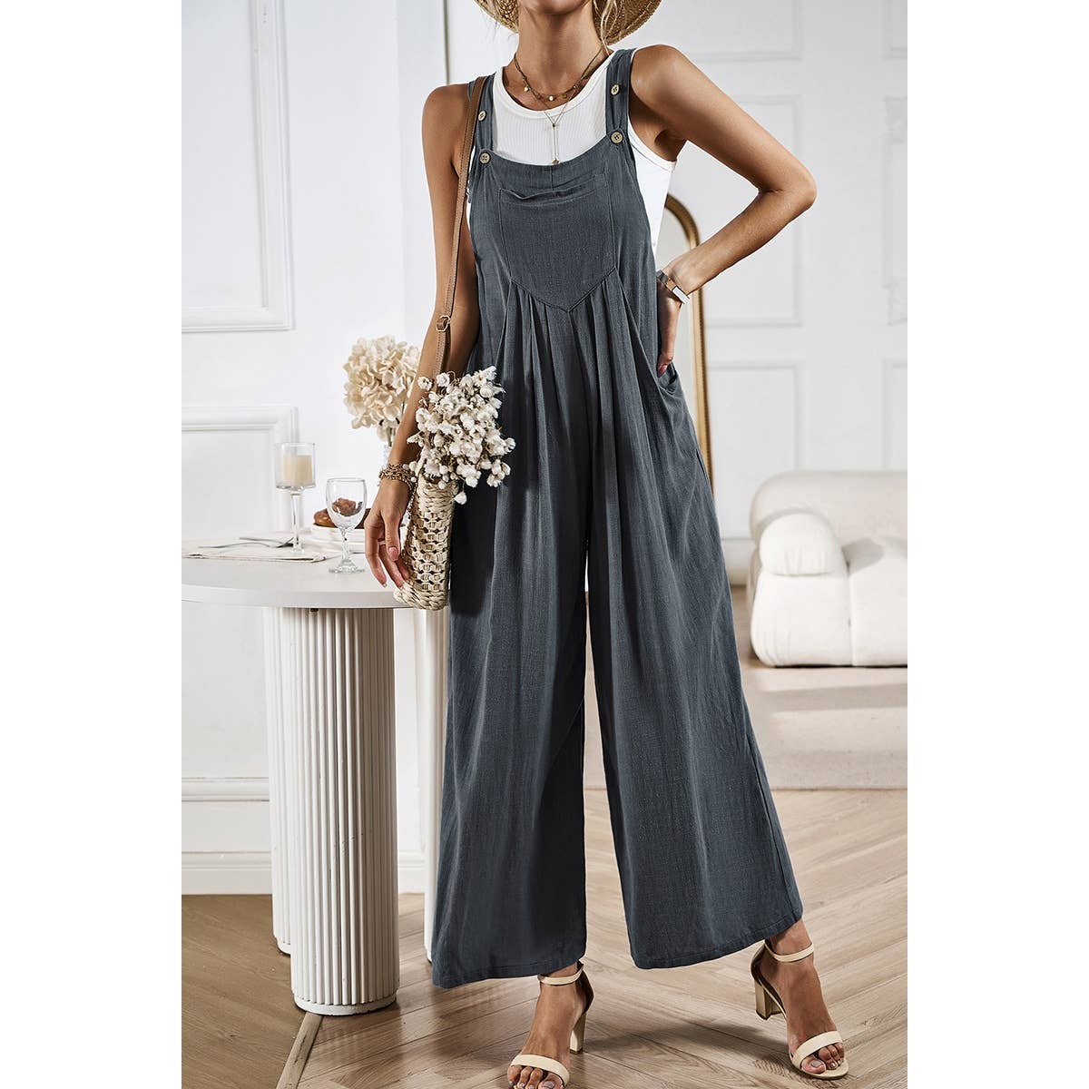 Button Detail Wide Leg Overall Pockets Jumpsuit: Rust / S