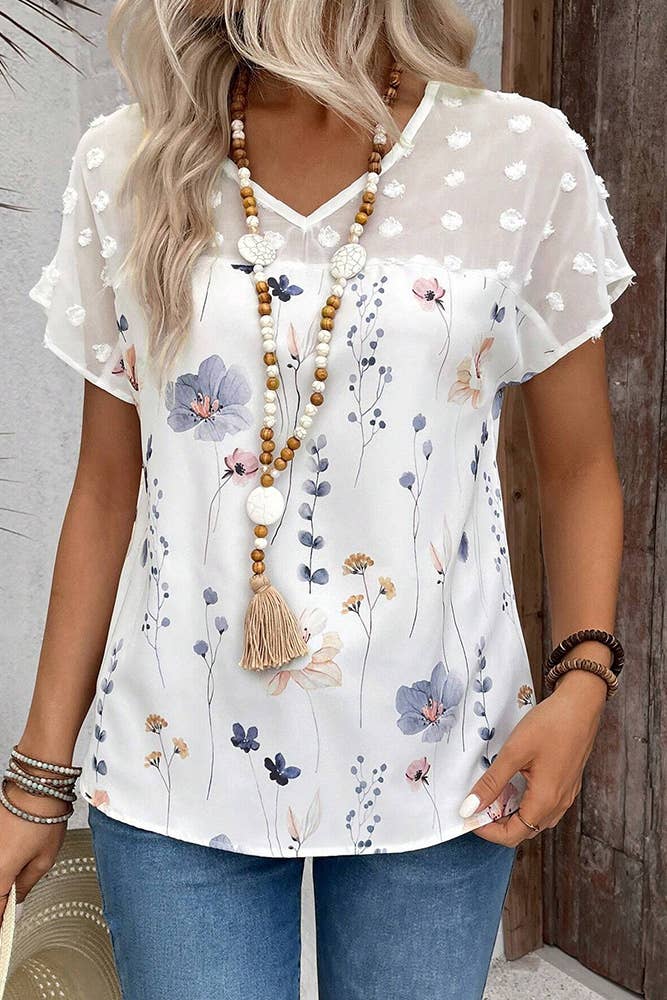 Floral Printed Lace Splicing Short Sleeves Top AXR102: White / L