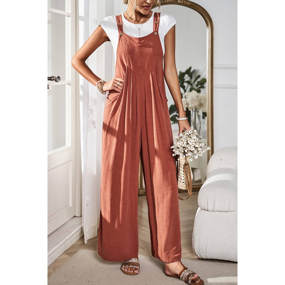 Button Detail Wide Leg Overall Pockets Jumpsuit: Rust / L