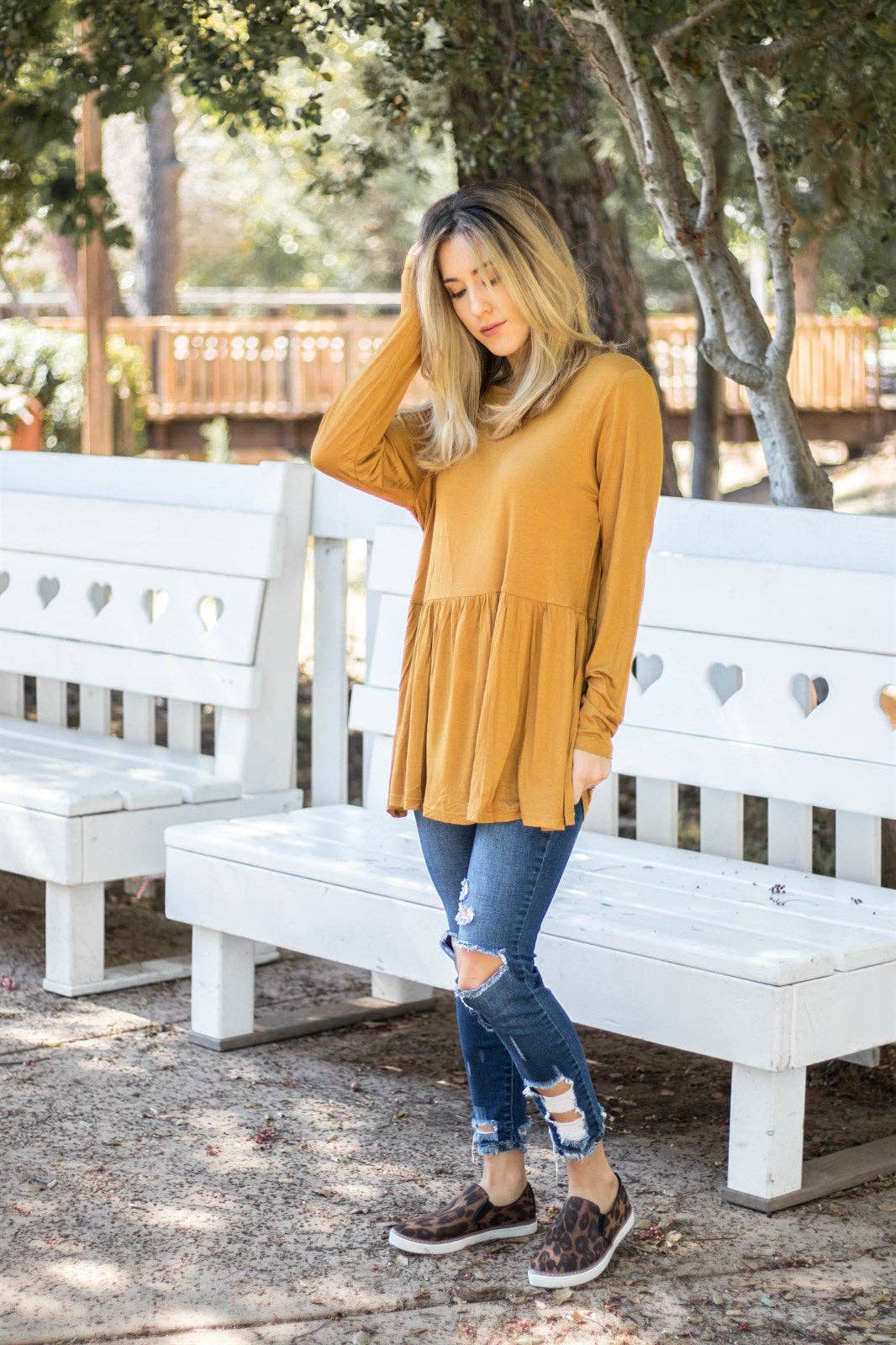 Long Sleeve Peplum Evelyn Top: Olive Green / Large