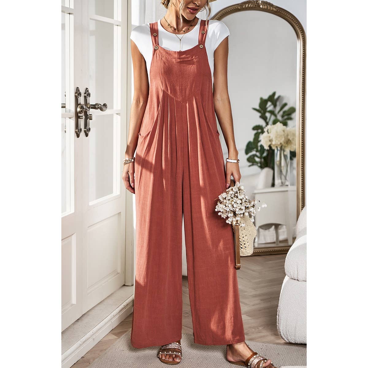 Button Detail Wide Leg Overall Pockets Jumpsuit: Rust / S