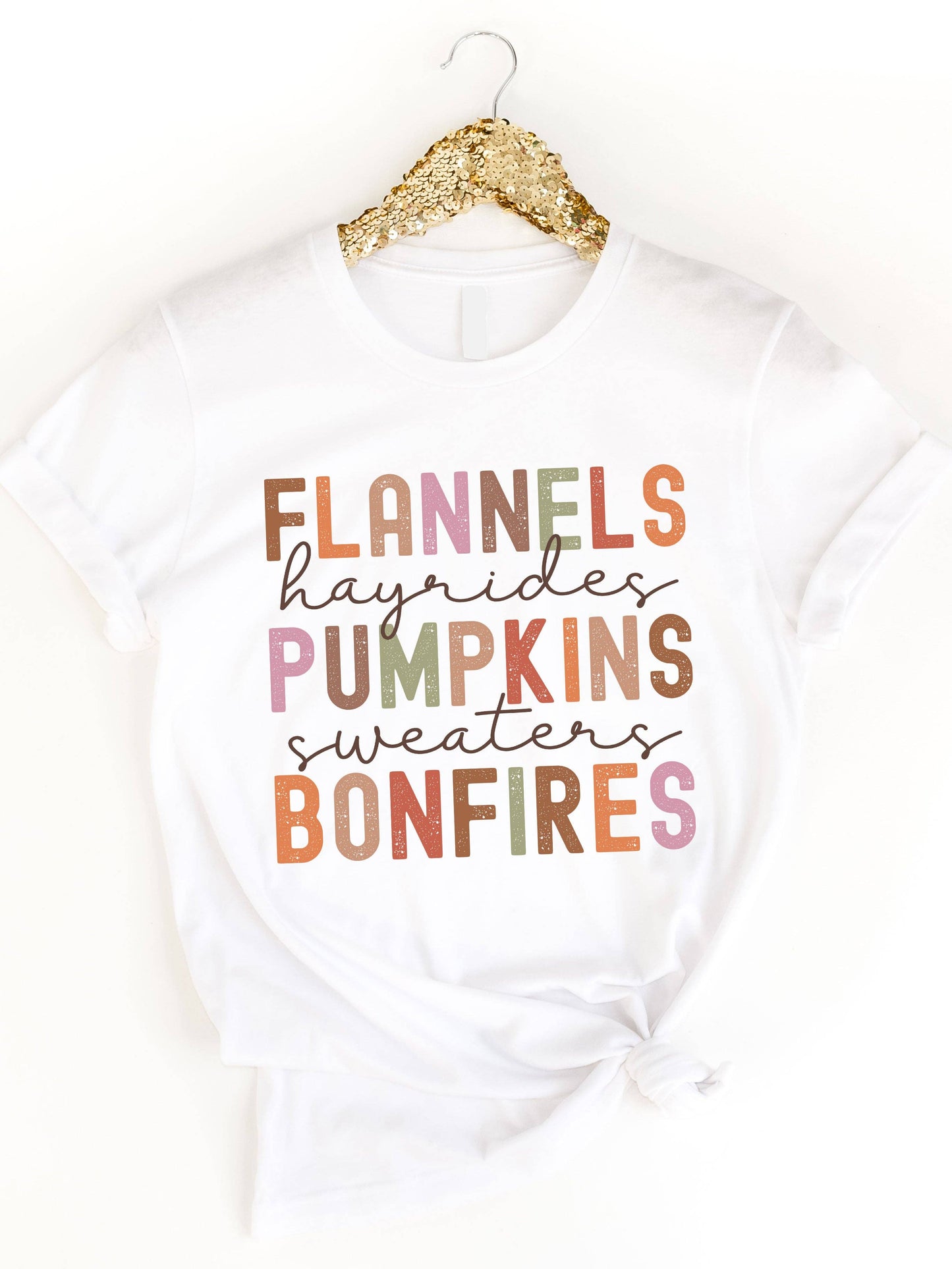 Flannels Pumpkin Bonfires Fall Things Graphic Tee: Peach / Medium