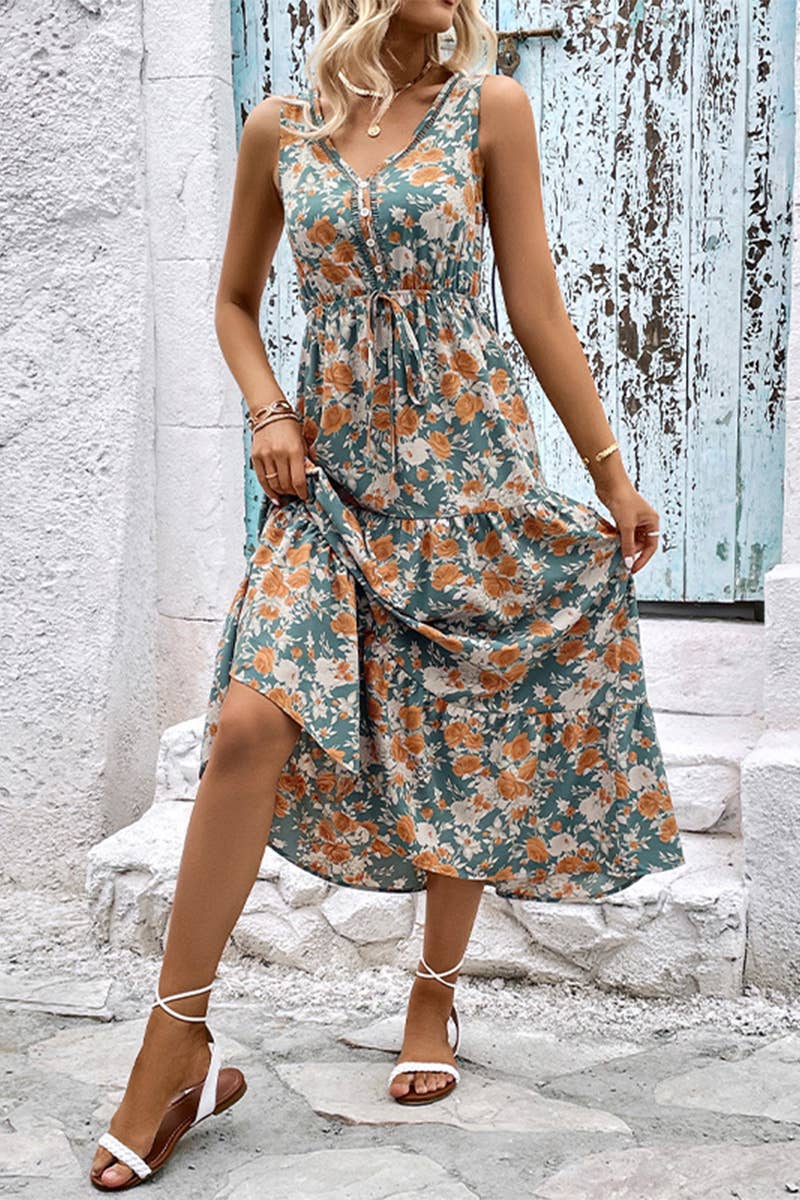 V-neck print loose high waist vest style long dress: BLUE / (S) 1