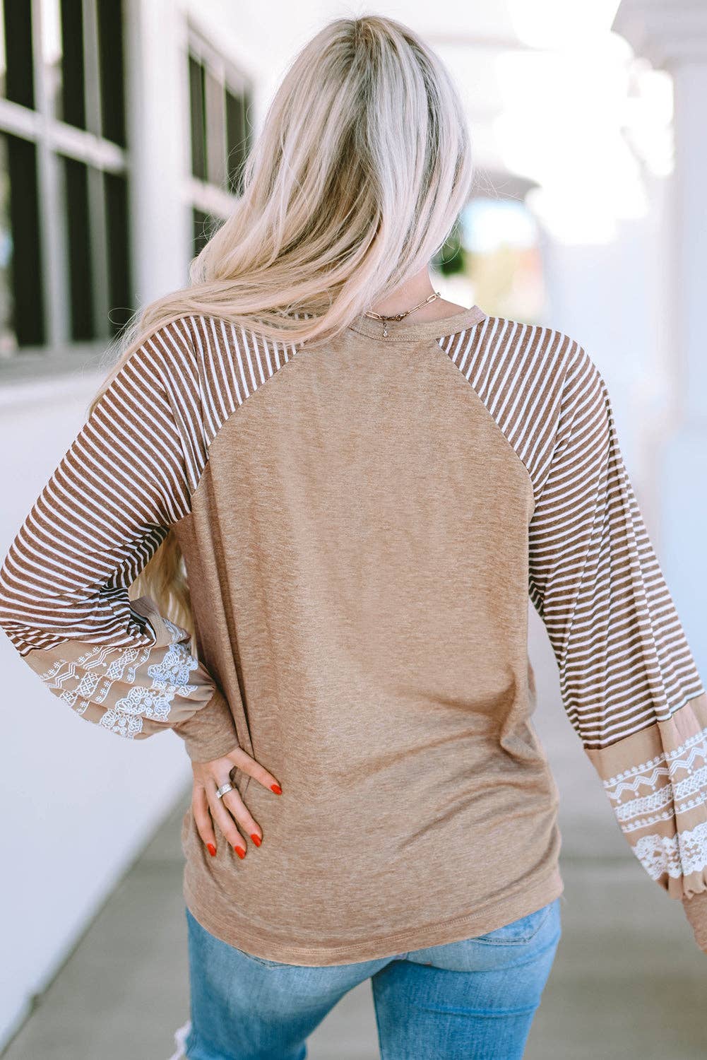 Light French Beige Floral Striped Patchwork Loose Long Sleeve Top: Light French Beige / 65%Polyester+25%Viscose+10%Elastane / XL