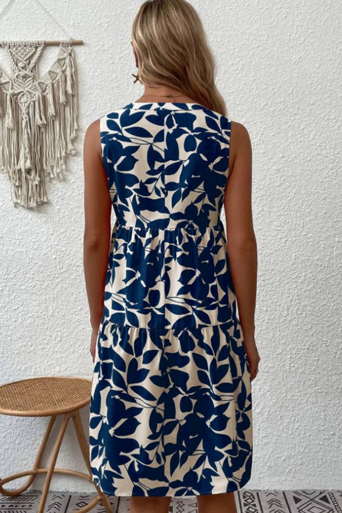 Sleeveless V Neck Flower Print Splicing Dress ZZKF764: Black / L