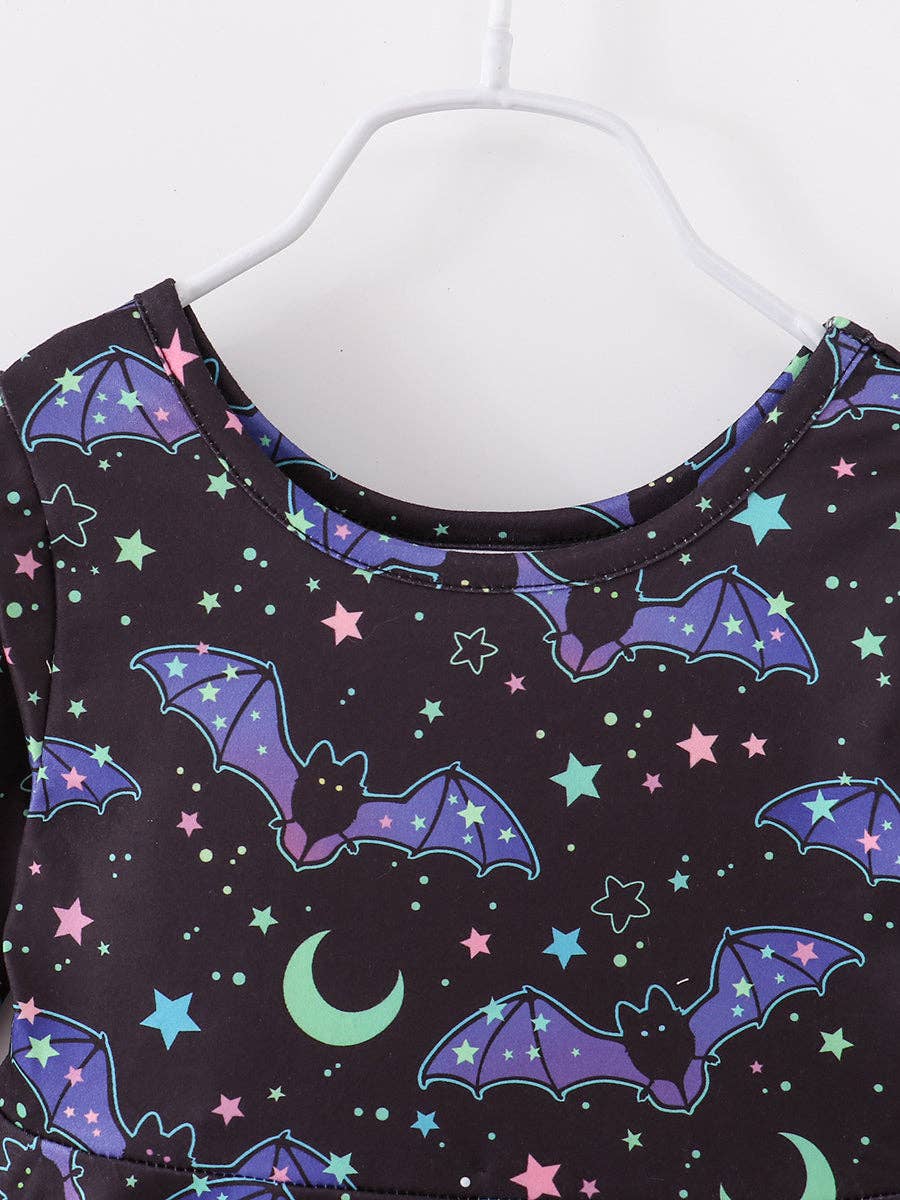 Fall 2024 Halloween Black Bat Crescent Moon Girl Dress: 3Y