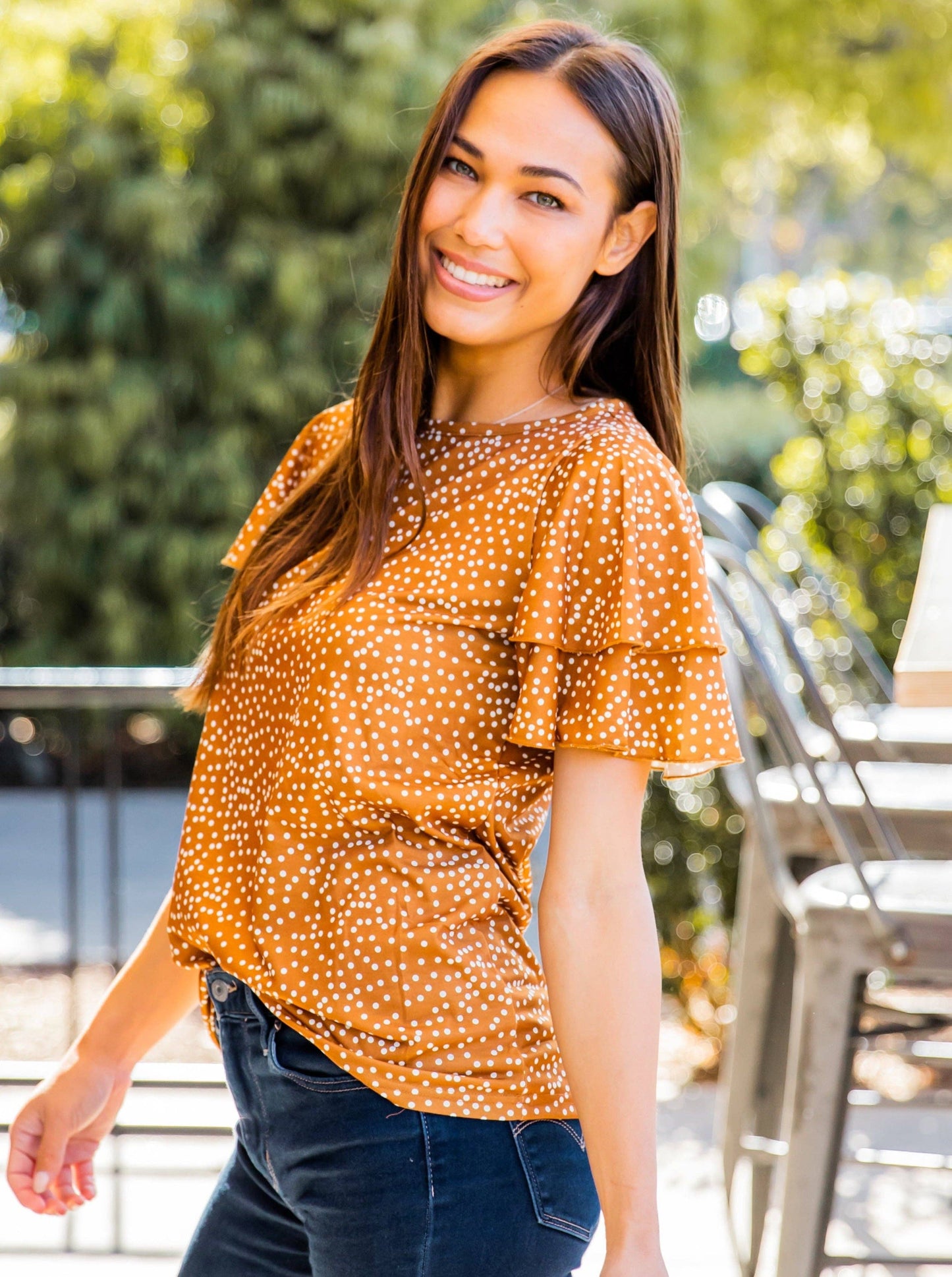 May Ruffle Sleeve Top: Dot Mint Green / Large