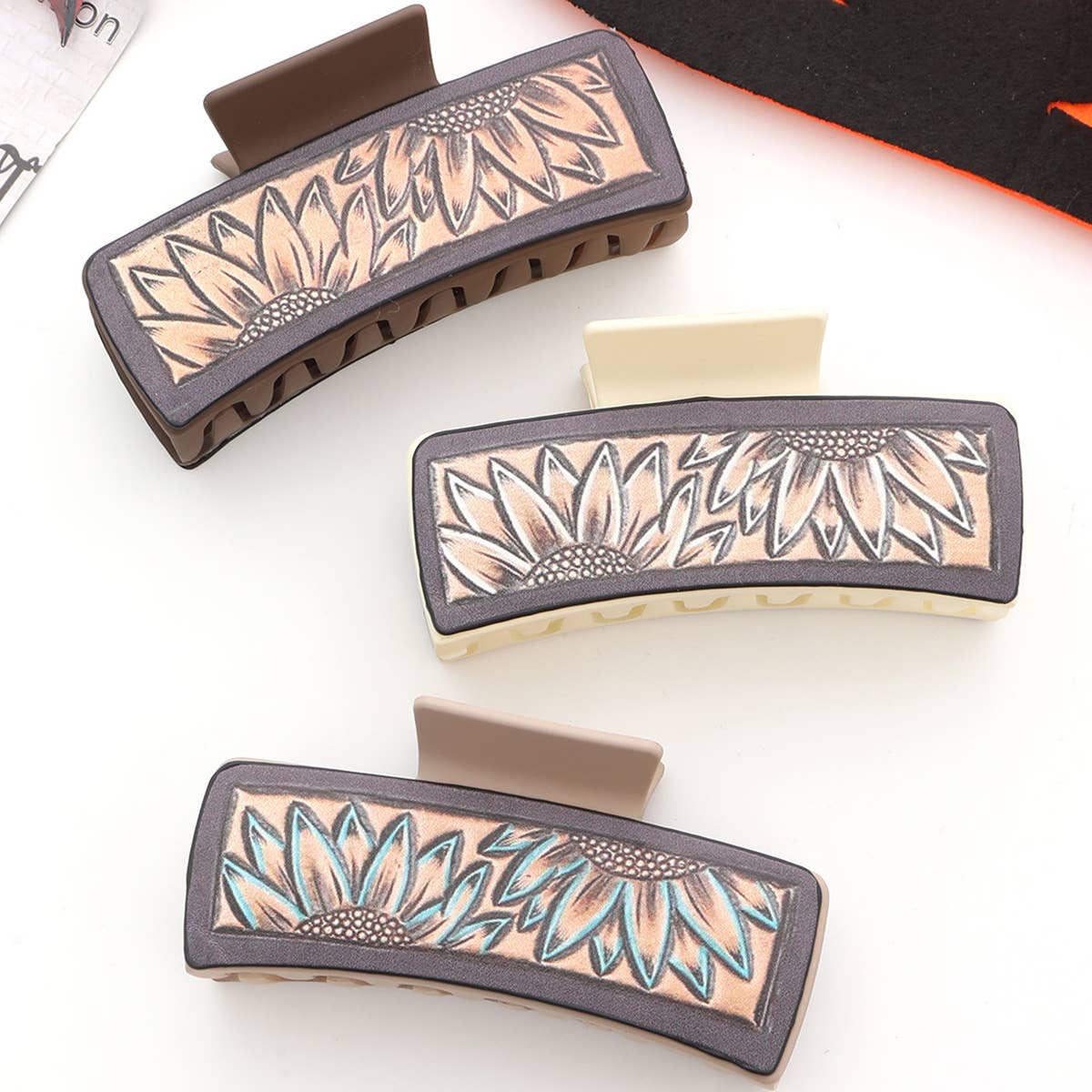 Western Cowgirl Sunflower Claw Clip, Faux Leather_CWAHA0609: TYPE2 / (OS) 3