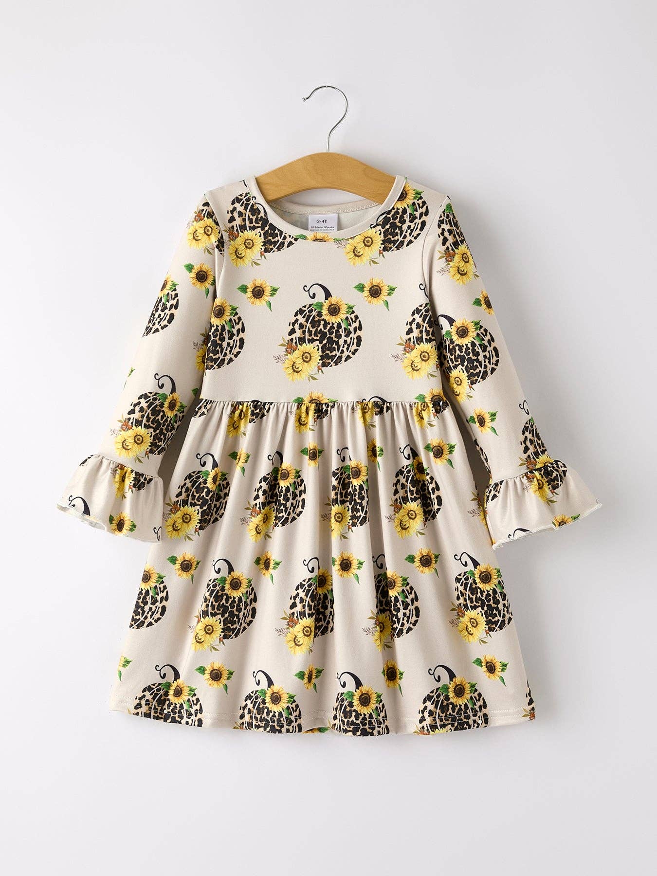 Pumpkin Leopard Print Autumn Girls Ruffle Two-Piece Dress: 4/5Y