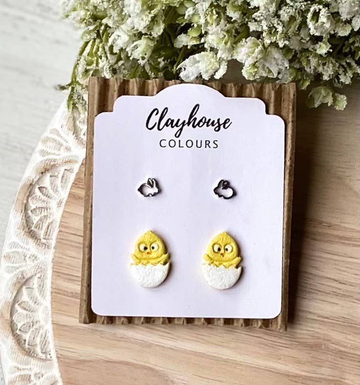 Easter Spring Earrings : Bunny with Flowers