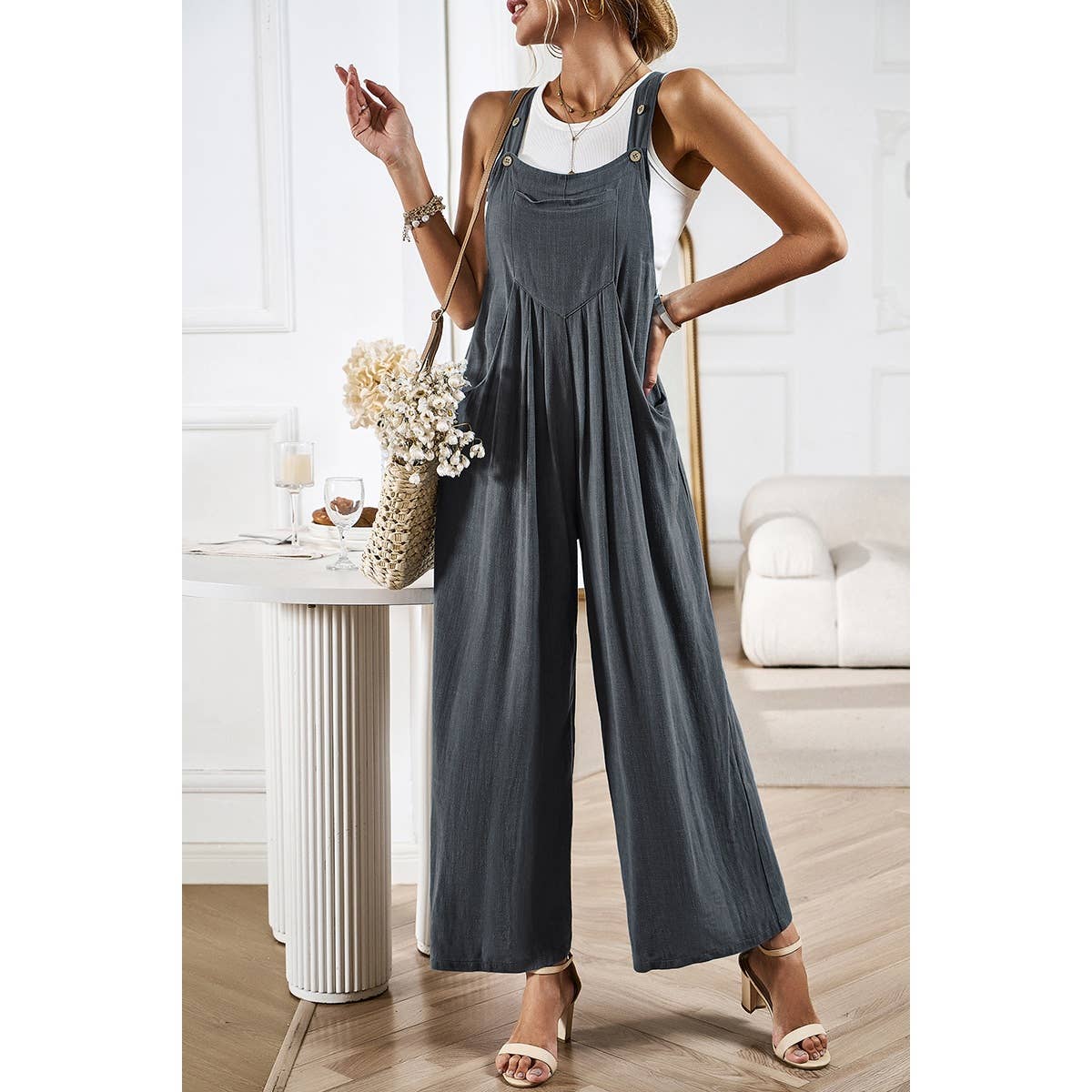 Button Detail Wide Leg Overall Pockets Jumpsuit: Rust / S