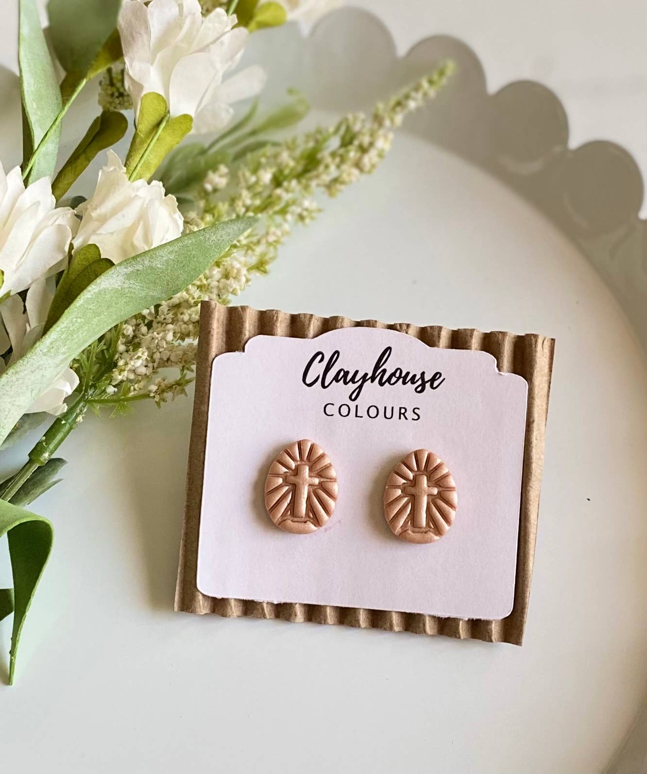Cross Clay Studs: Pearl