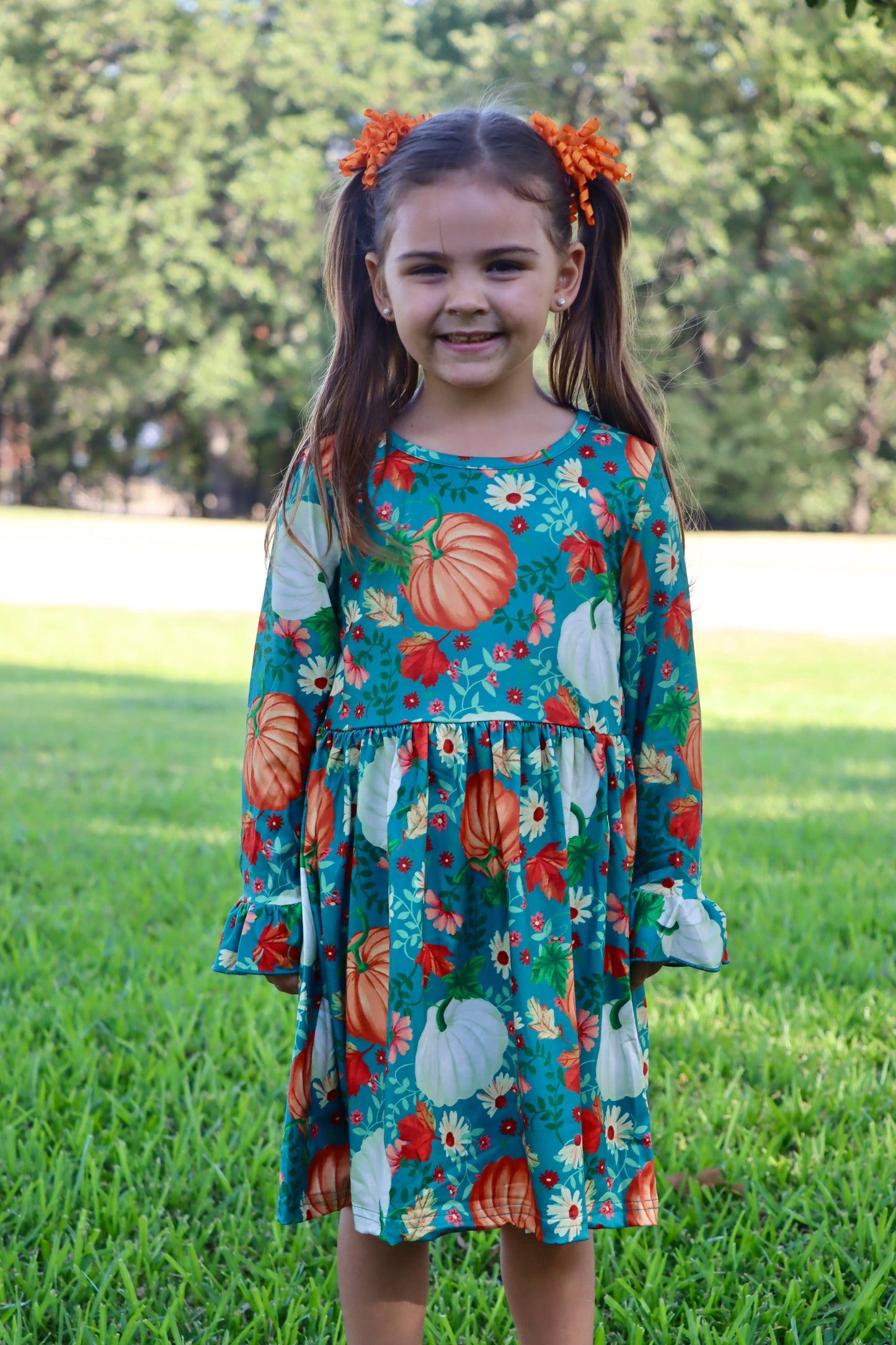 Thanksgiving Day Fall Girls Set Of 2 Pcs In One Package Pumpkin Print Dress: 4-5Y