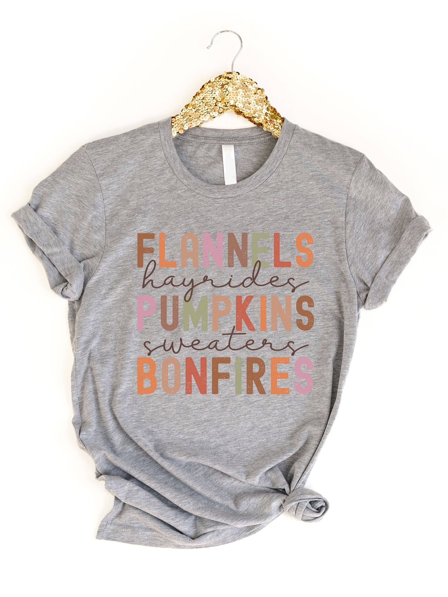 Flannels Pumpkin Bonfires Fall Things Graphic Tee: Peach / XL