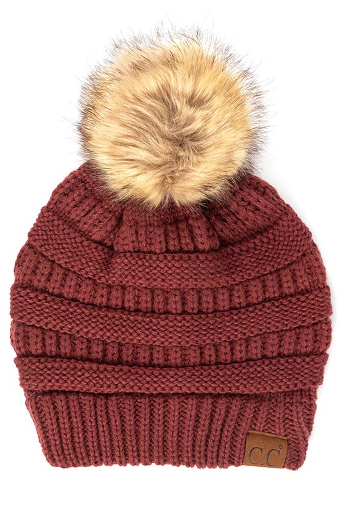 C.C Solid Ribbed Knit Beanie With Pom: Dark Purple