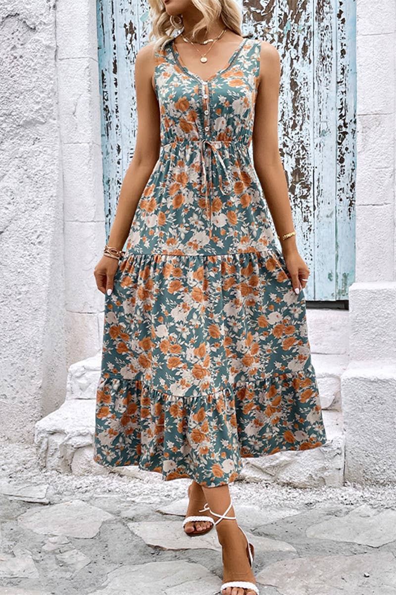 V-neck print loose high waist vest style long dress: BLUE / (S) 1