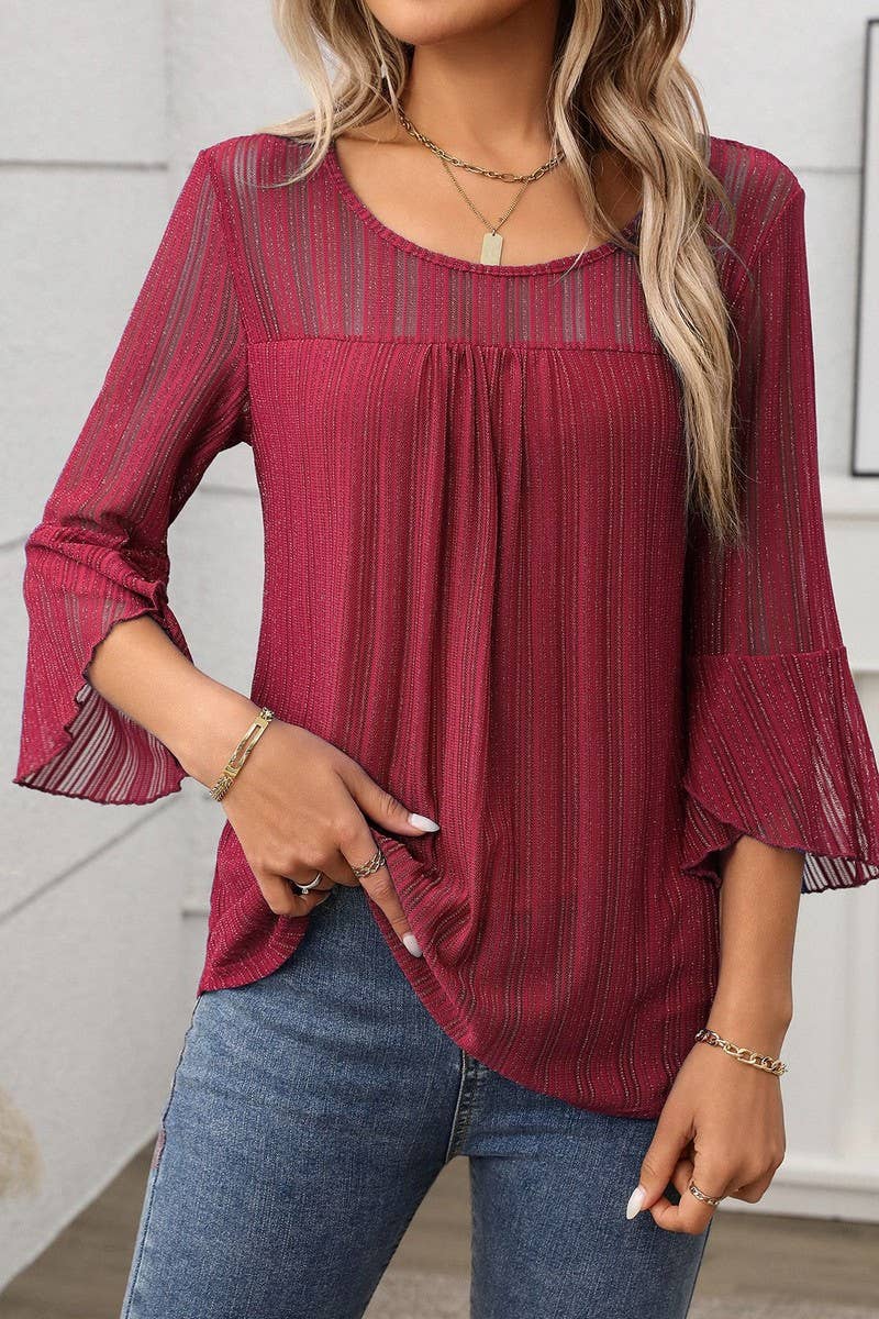 CWTBLL3696_ROUND NECK RUFFLE SLEEVE GLITTER MESH TOP: NAVY / (S) 1