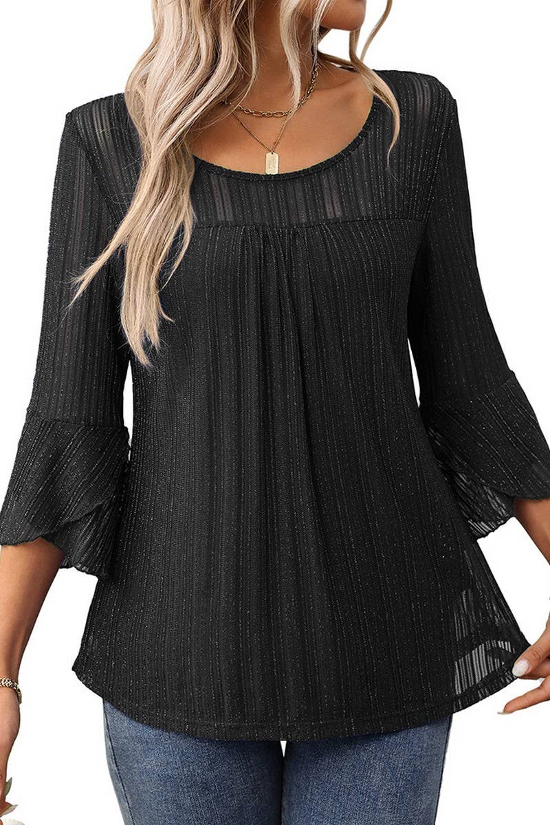 CWTBLL3696_ROUND NECK RUFFLE SLEEVE GLITTER MESH TOP: NAVY / (L) 1