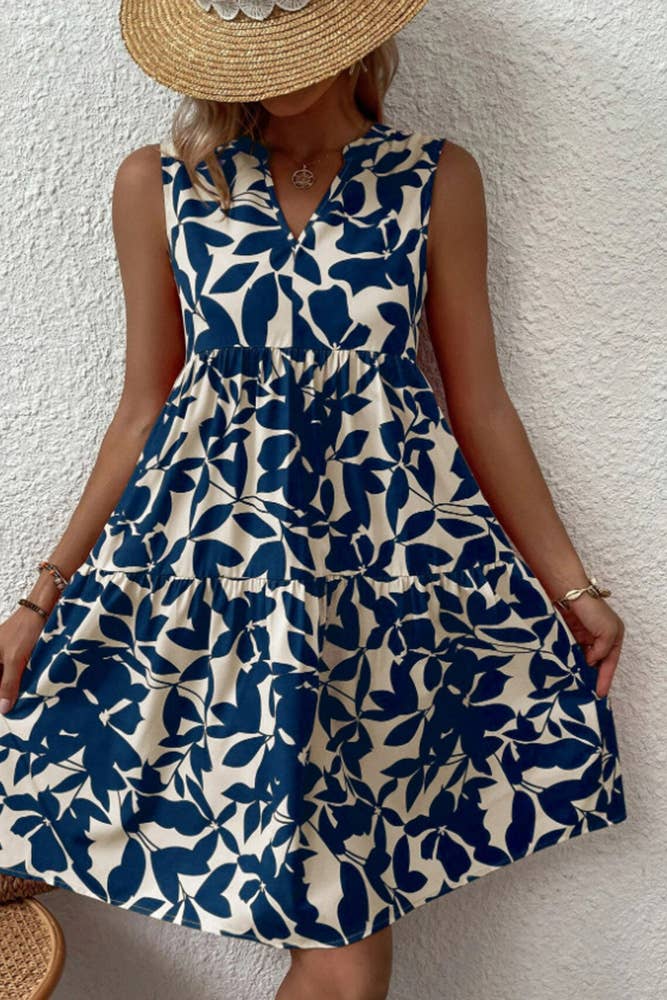 Sleeveless V Neck Flower Print Splicing Dress ZZKF764: Black / S