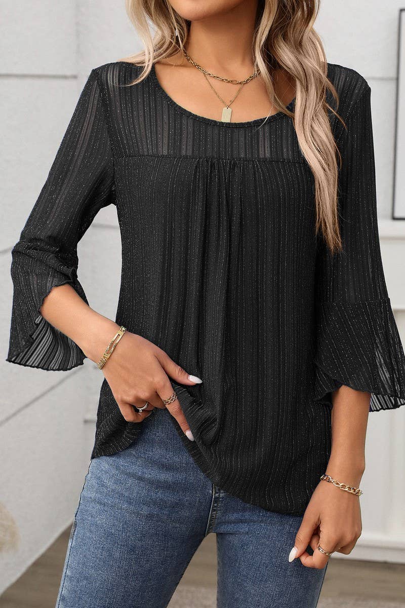 CWTBLL3696_ROUND NECK RUFFLE SLEEVE GLITTER MESH TOP: NAVY / (S) 1