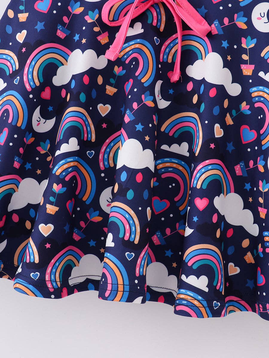 Spring Kids Clothing Blue Rainbow Cloud Ruffle Girl Dress: 3Y