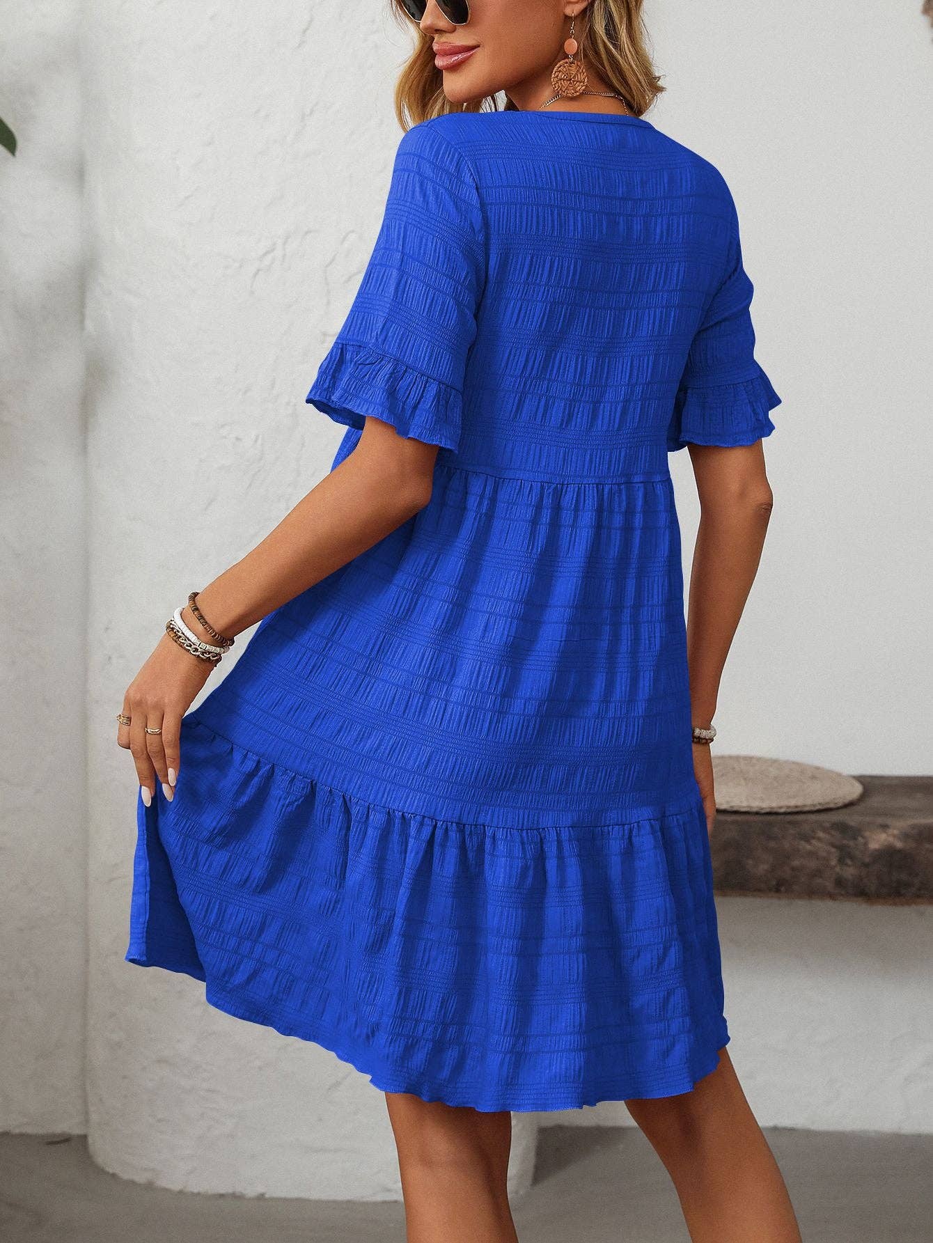 Women Ruffle Sleeve A Line Tiered Flowy Casual Trendy Mini Dress: Bean paste powder / 100% Polyester / L