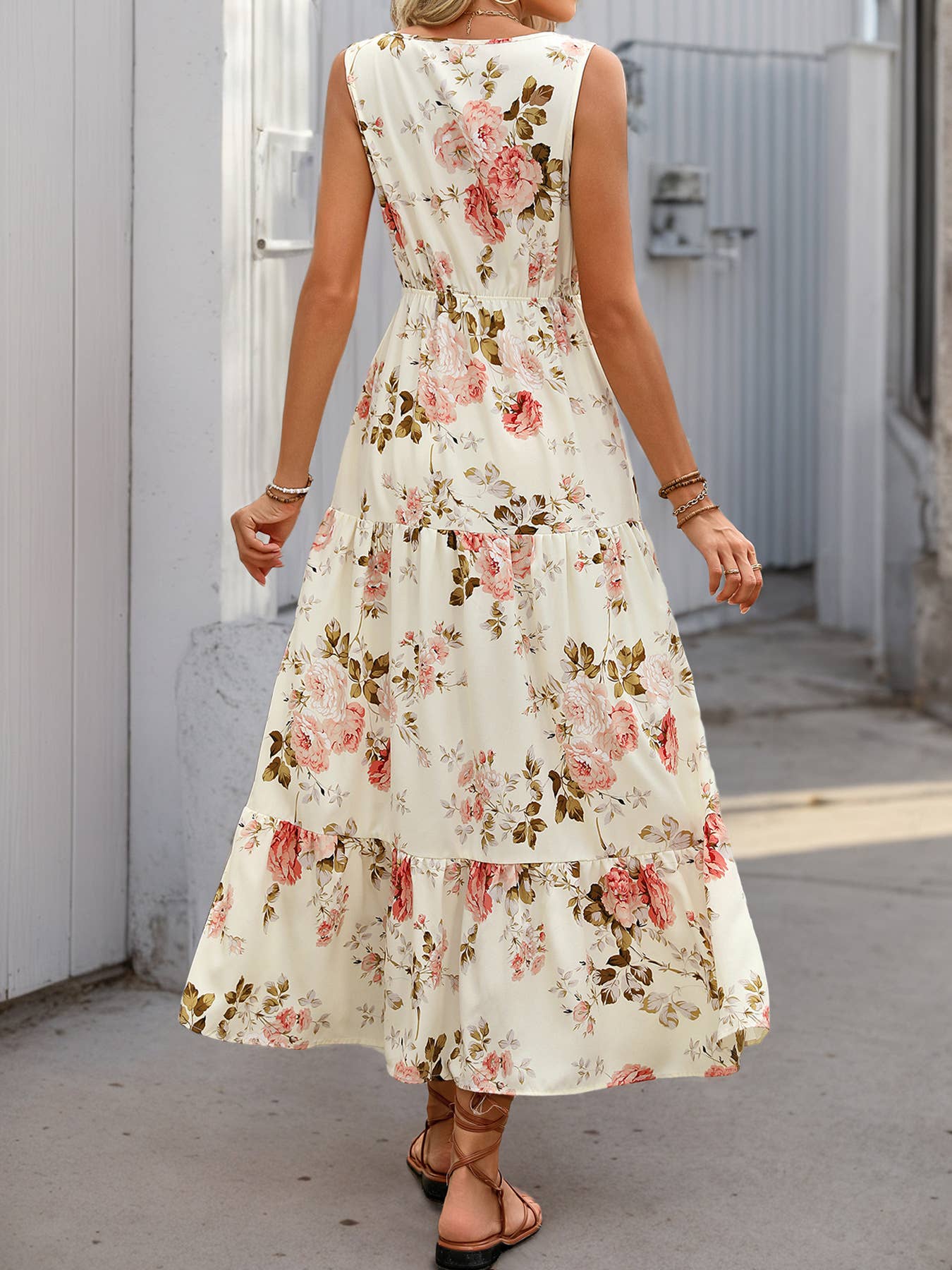 V-neck printed high waist waist long swing dress: WHITE1 / (XL) 1