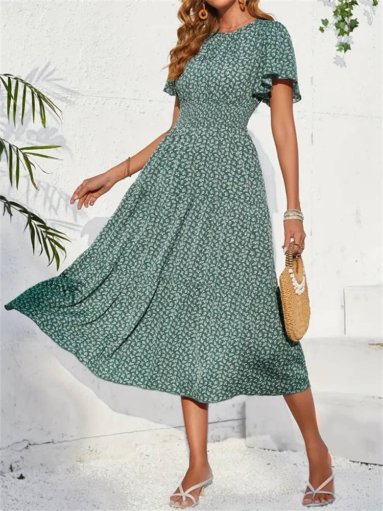 Floral dress with lotus sleeves: Green / (S) 1