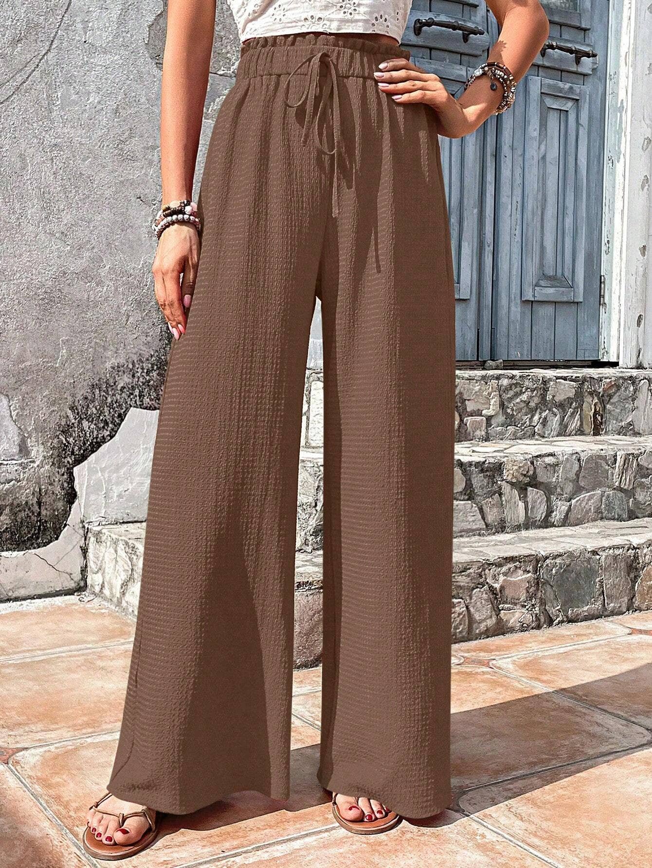 ASSORTED BUBBLE PLAID CASUAL WIDE-LEG PANTS: PEAGREEN / (L) 1