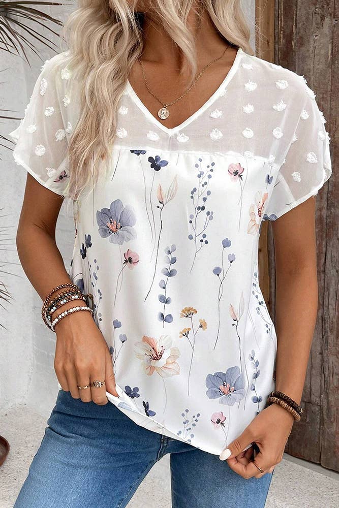 Floral Printed Lace Splicing Short Sleeves Top AXR102: White / M