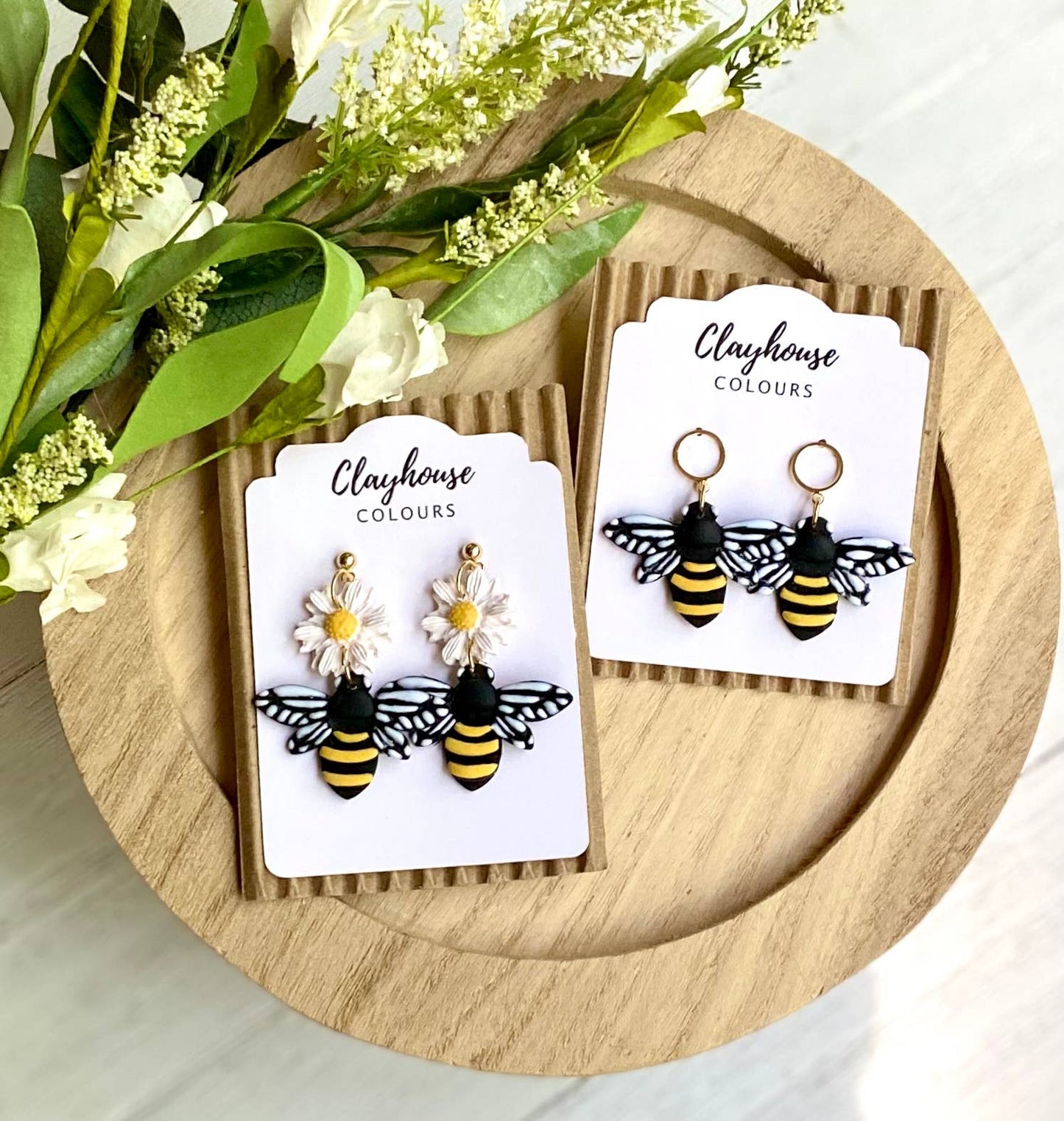 Bee Clay Earrings: Bee with Flower