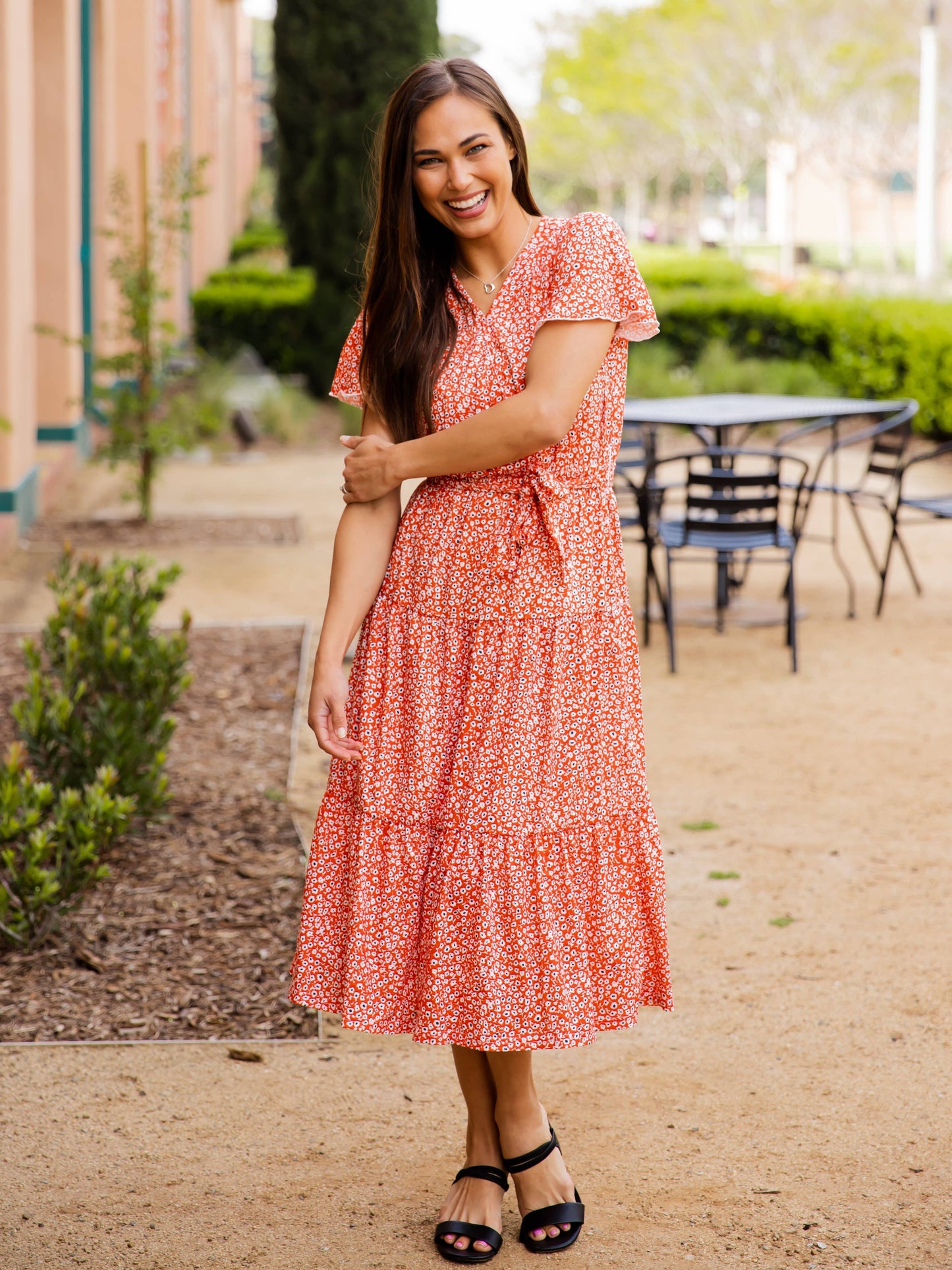 Tiered Tie Waist Stevie Dress: Floral Red Orange / Small