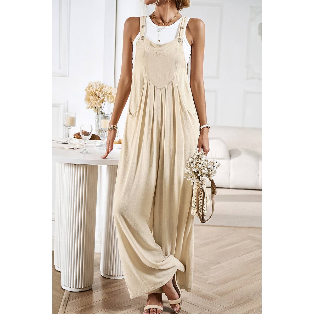 Button Detail Wide Leg Overall Pockets Jumpsuit: Rust / M