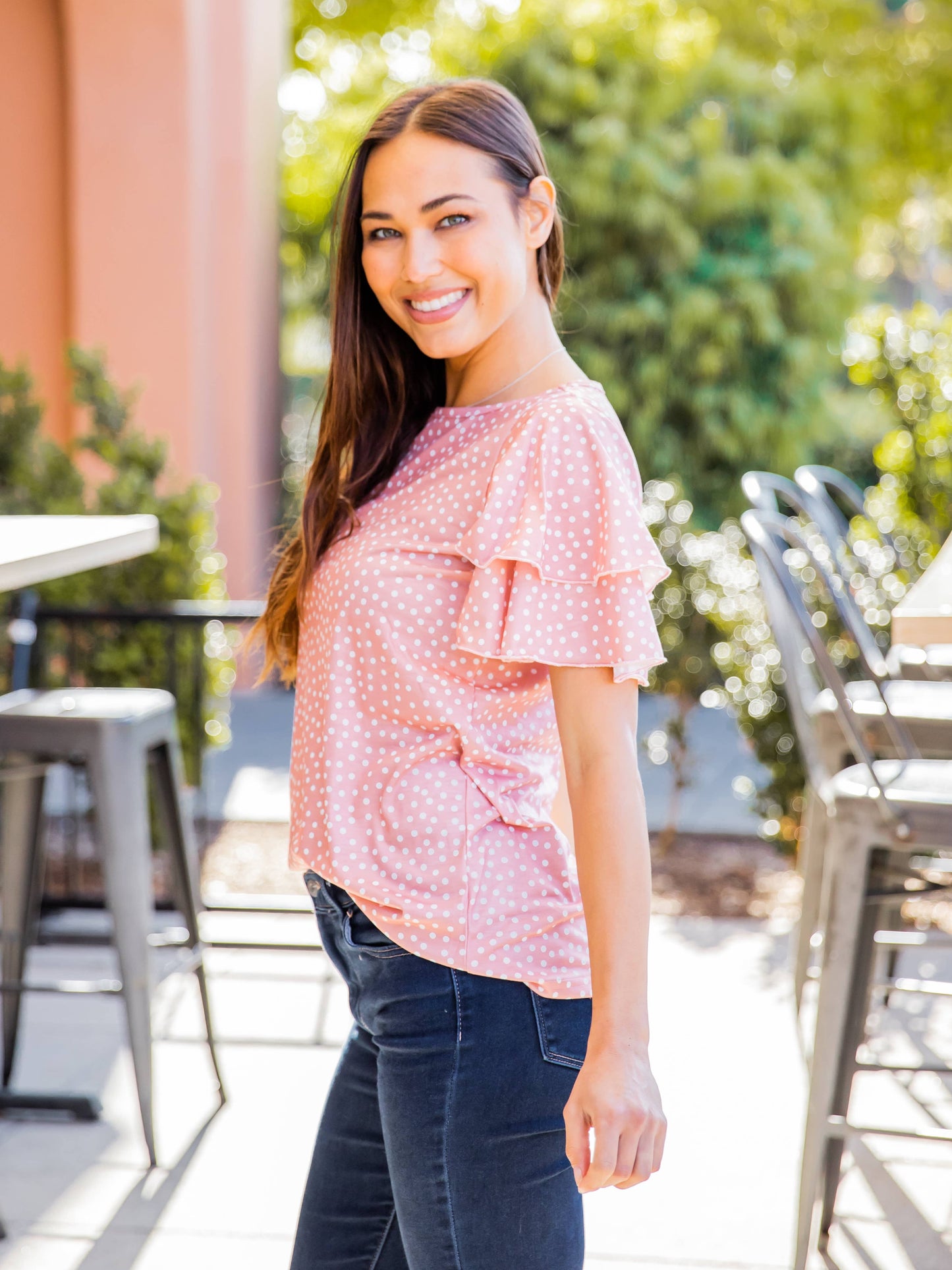May Ruffle Sleeve Top: Dot Mint Green / Large