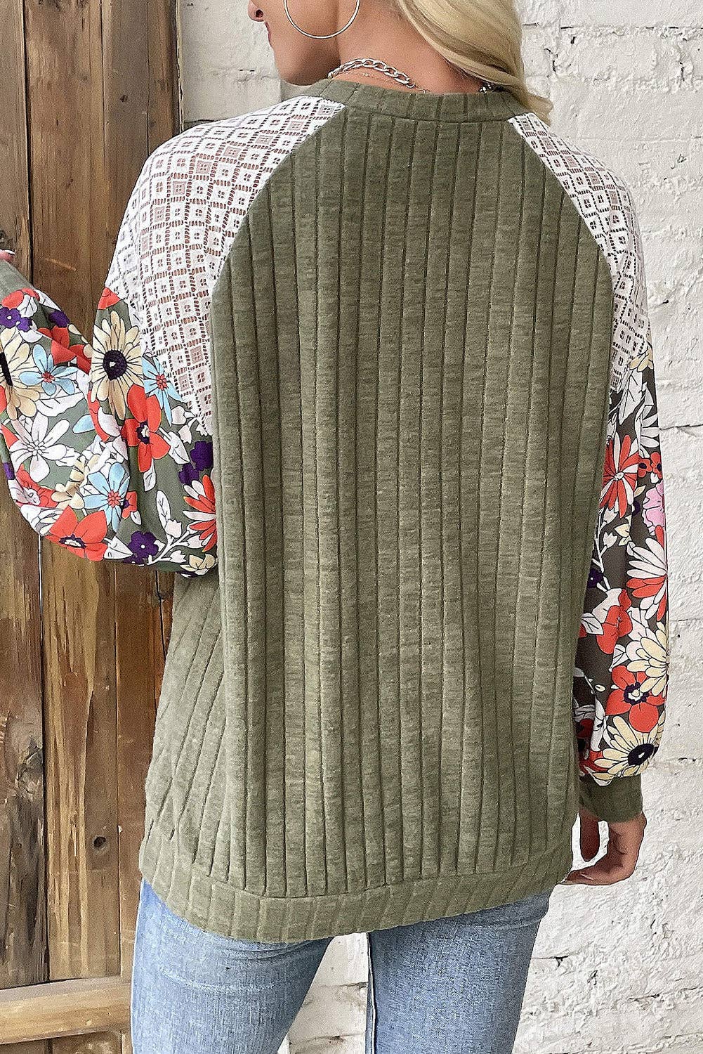 Laurel Green Floral Patchwork Long Sleeve Ribbed Blouse: Laurel Green / 97%Polyester+3%Elastane / L