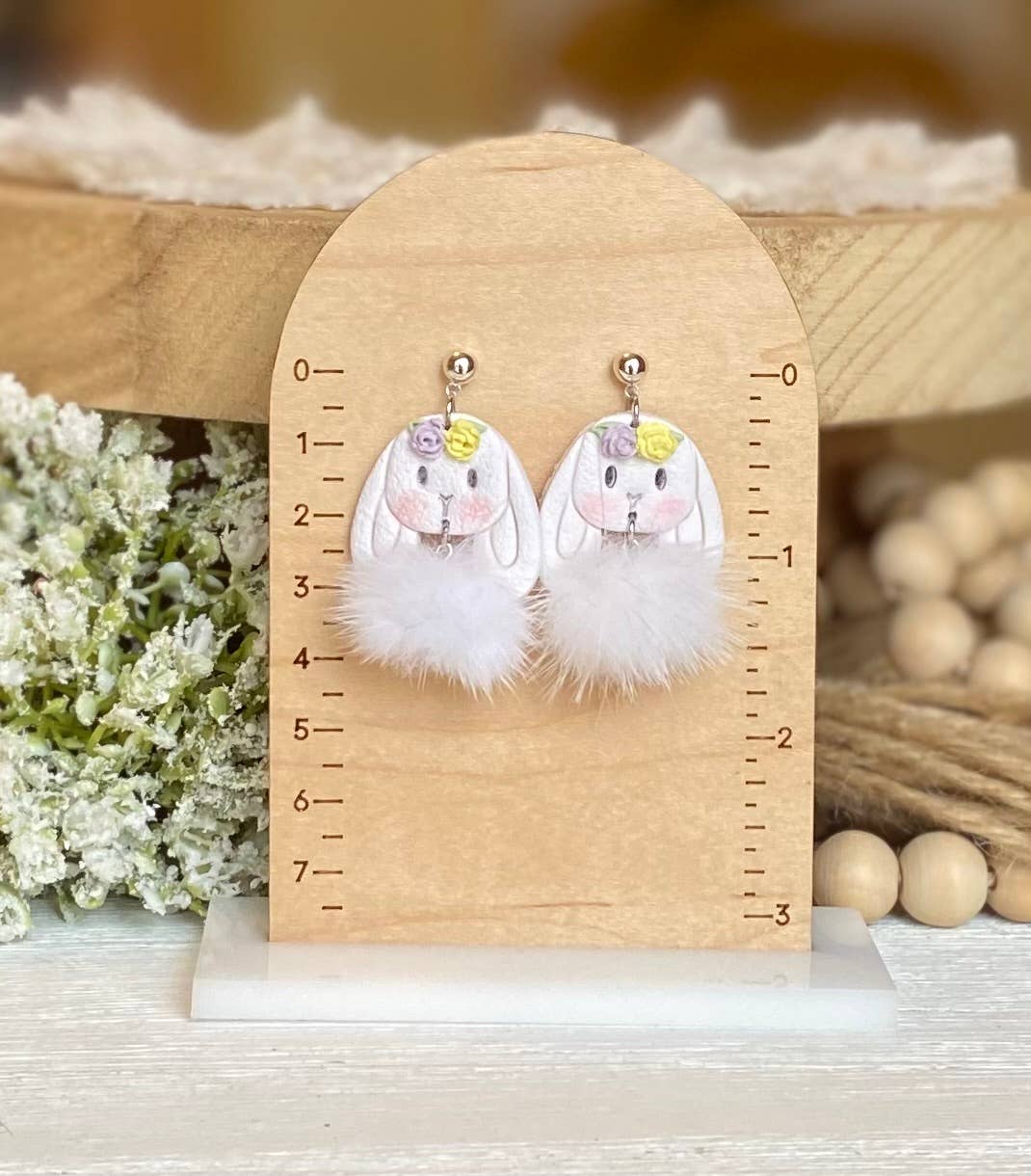 Easter Spring Earrings : Bunny with Flowers