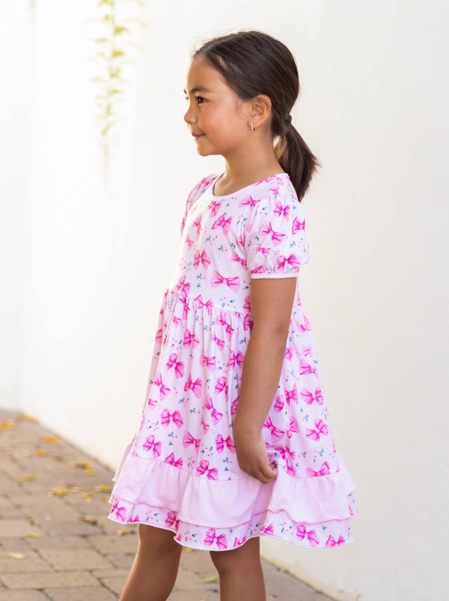 Contrast Ruffle Patterned Little Girl Dress: Pink Bows / SMALL - 3-4Y