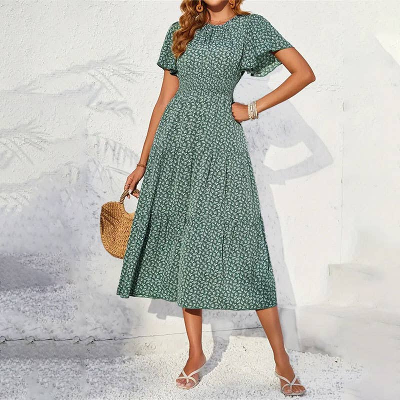 Floral dress with lotus sleeves: Green / (S) 1
