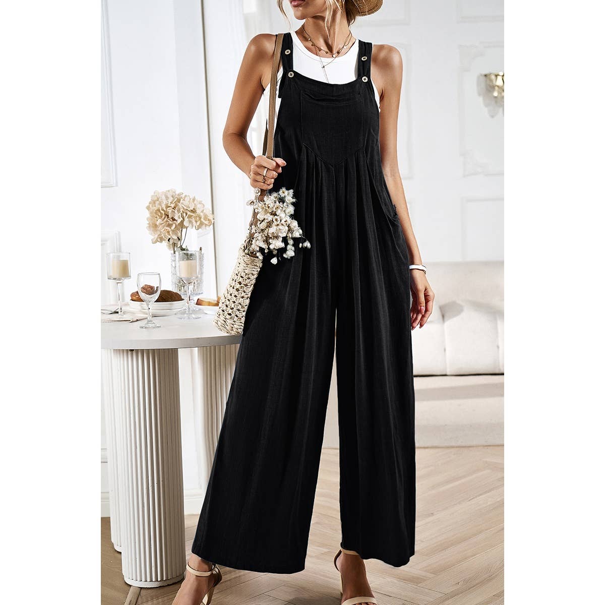 Button Detail Wide Leg Overall Pockets Jumpsuit: Rust / L