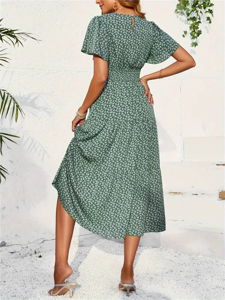Floral dress with lotus sleeves: Green / (S) 1