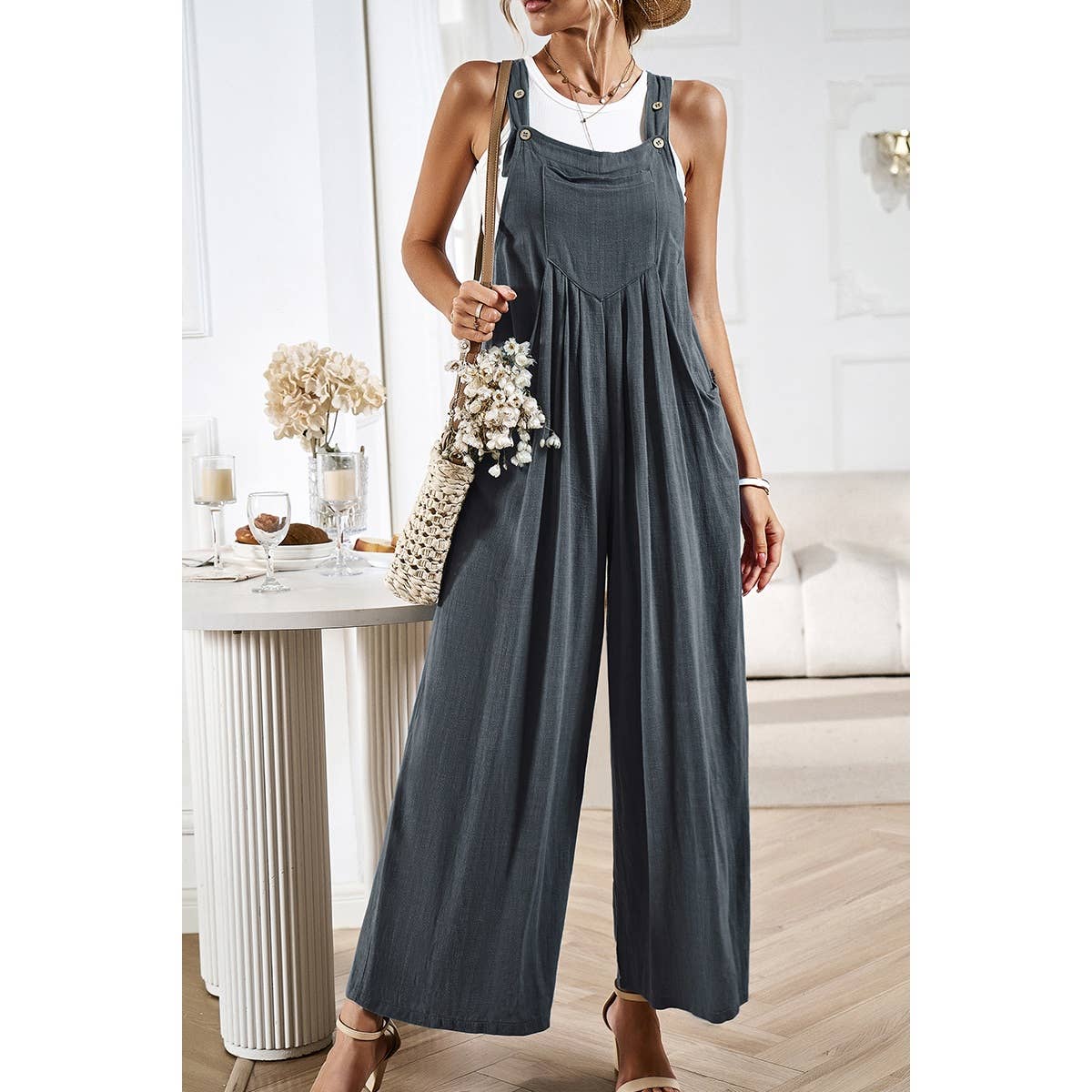 Button Detail Wide Leg Overall Pockets Jumpsuit: Rust / S