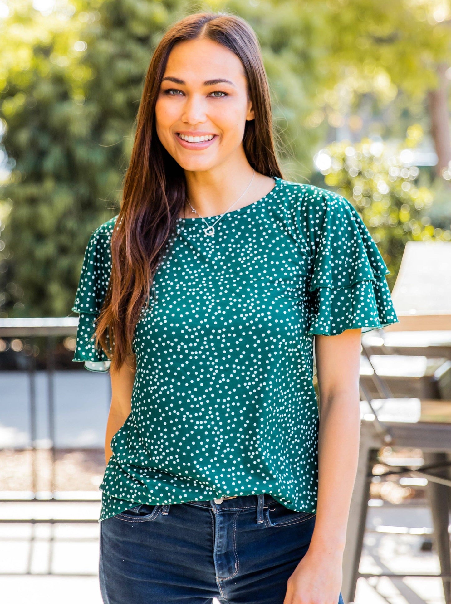 May Ruffle Sleeve Top: Dot Mint Green / Large