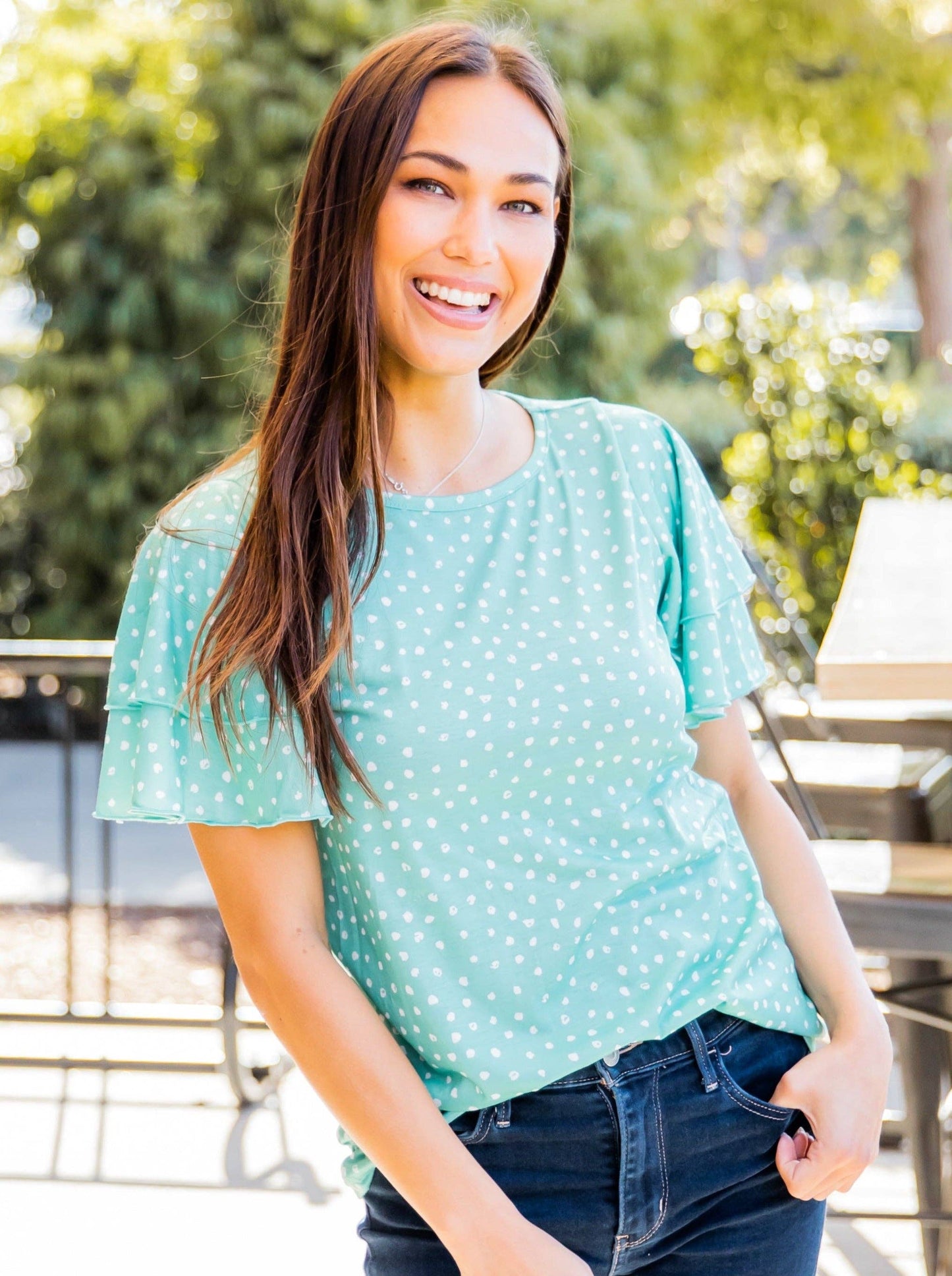 May Ruffle Sleeve Top: Dot Mint Green / Large