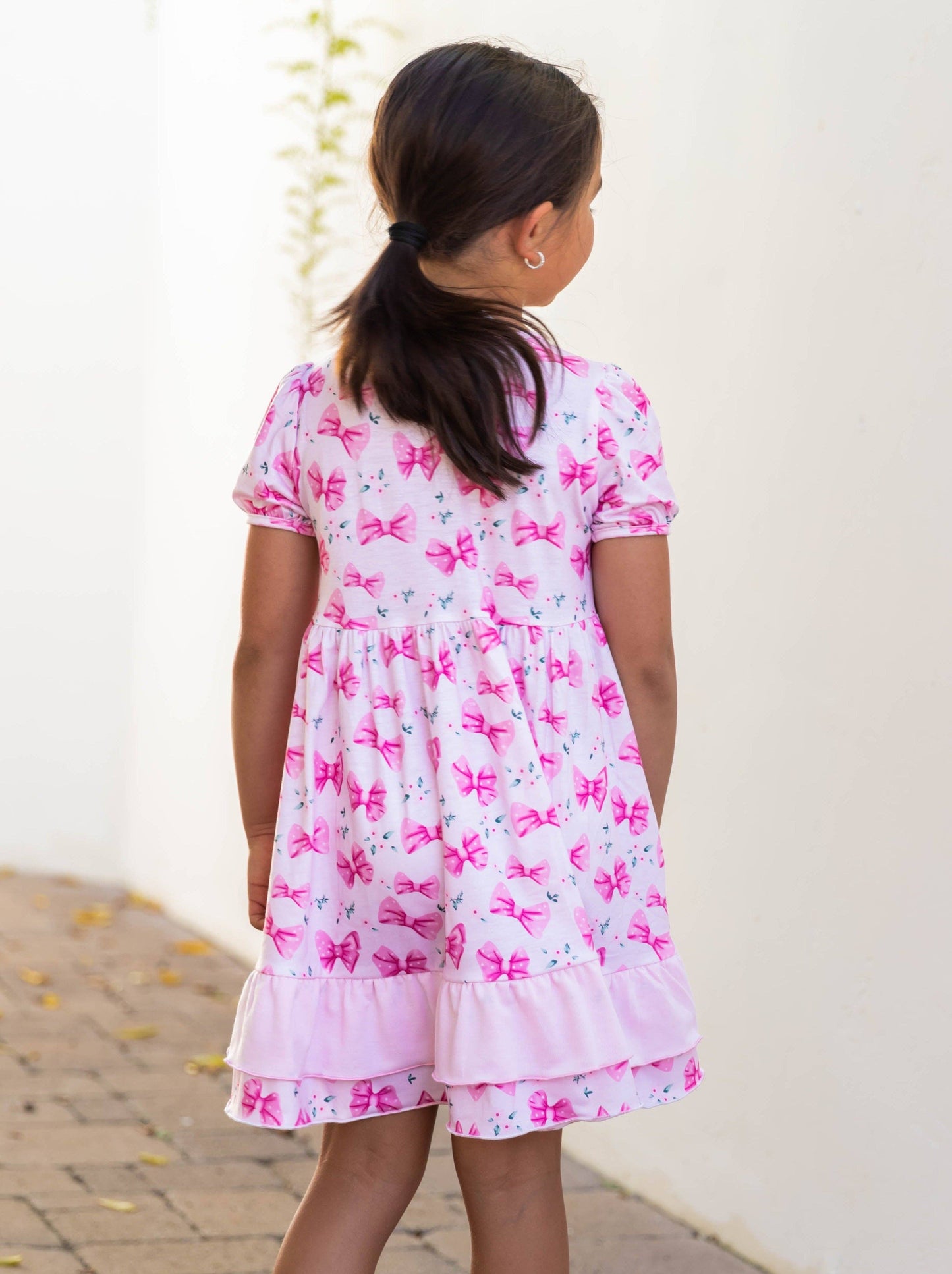 Contrast Ruffle Patterned Little Girl Dress: Pink Bows / SMALL - 3-4Y
