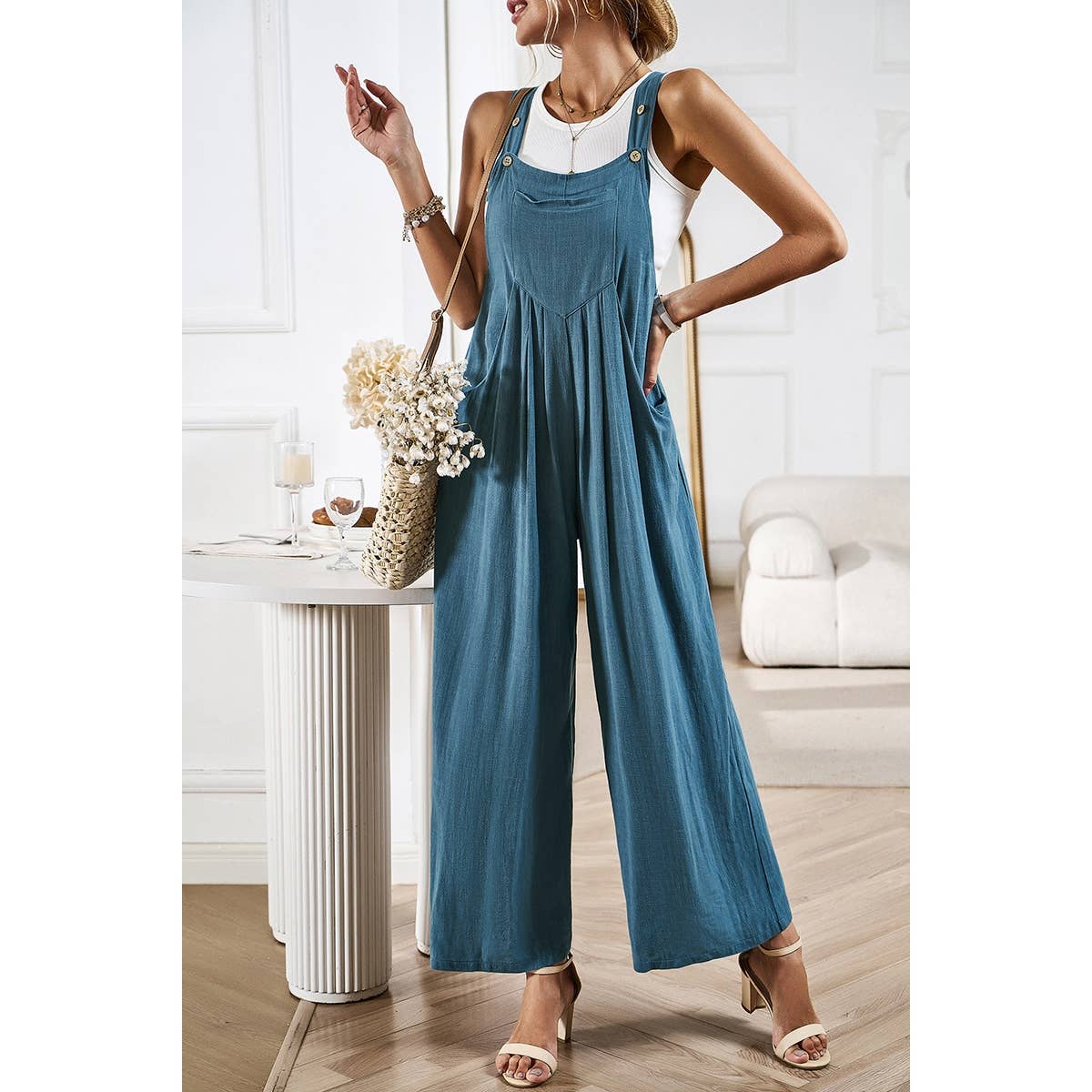 Button Detail Wide Leg Overall Pockets Jumpsuit: Rust / M