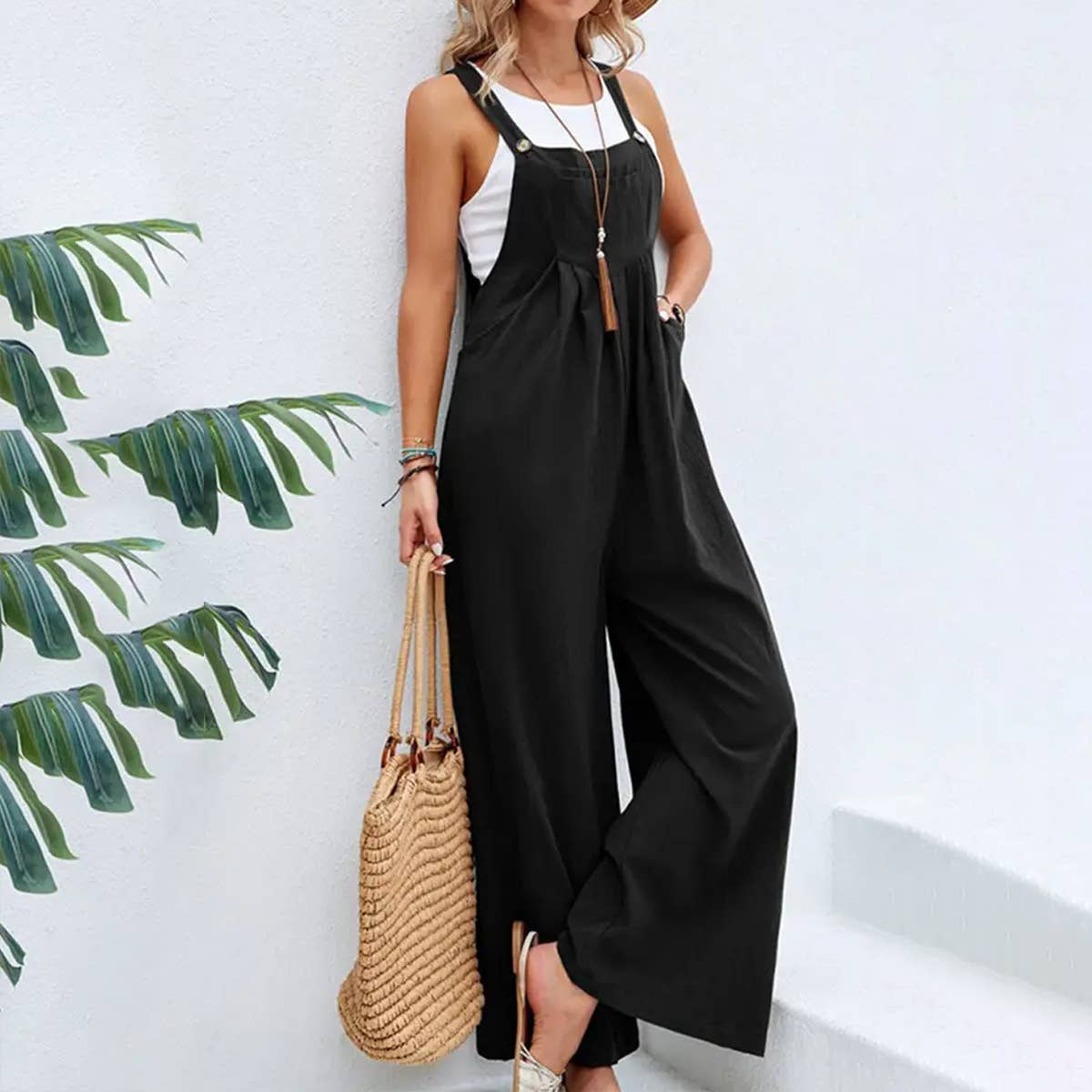 Mid-waist retro solid color loose casual fashion suspenders: LIGHTYELLOW / (S) 1