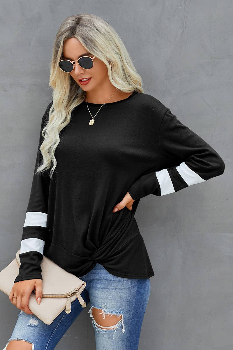 Stripe Twisted Front Long Sleeve Shirt: ORANGE / M