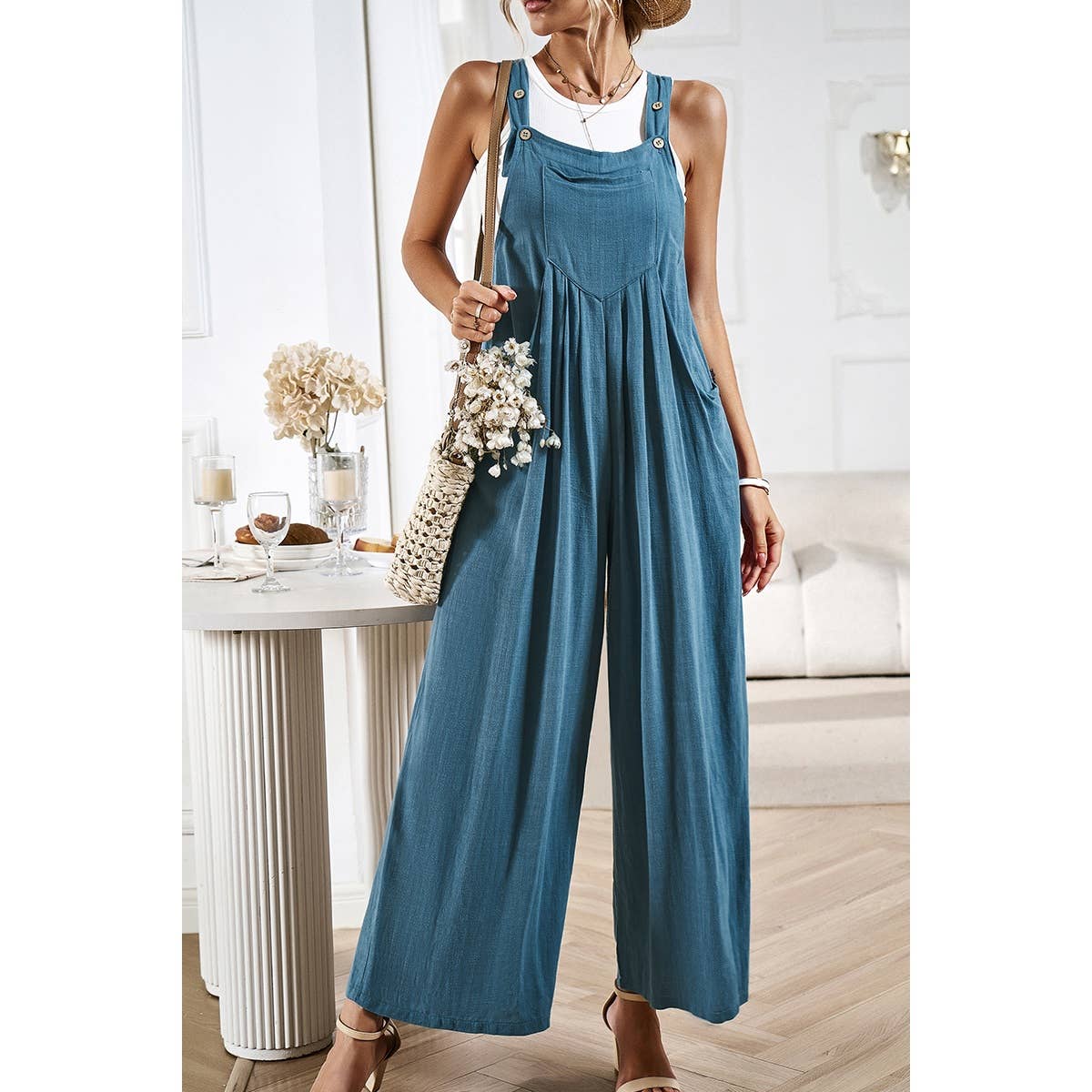 Button Detail Wide Leg Overall Pockets Jumpsuit: Rust / L