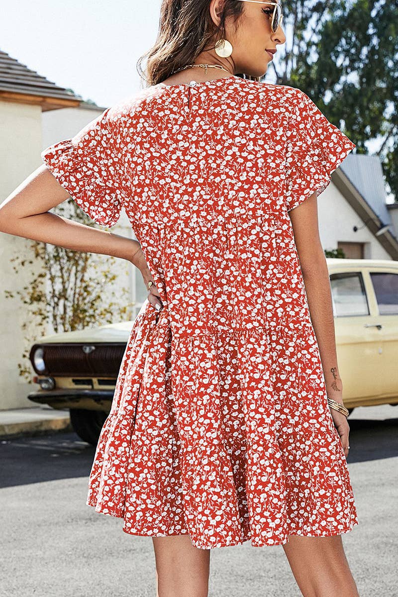 CWDSD1377_MULTI PATTERNED RUFFLE SLEEVE MIDI DRESS: GREEN / (L) 1